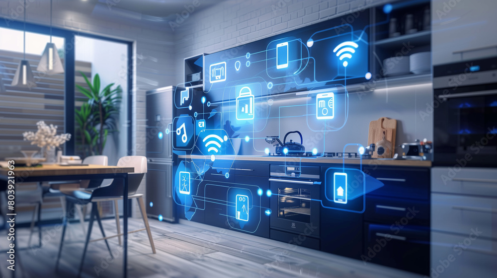 Ever wondered what are smart kitchen appliances? kitchen with remote control elements, smart home concept and internet control
