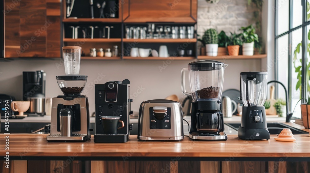 Countertop with top 10 kitchen appliances for the UK, including a coffee grinder, espresso machine, toaster, coffee maker, and blender,.