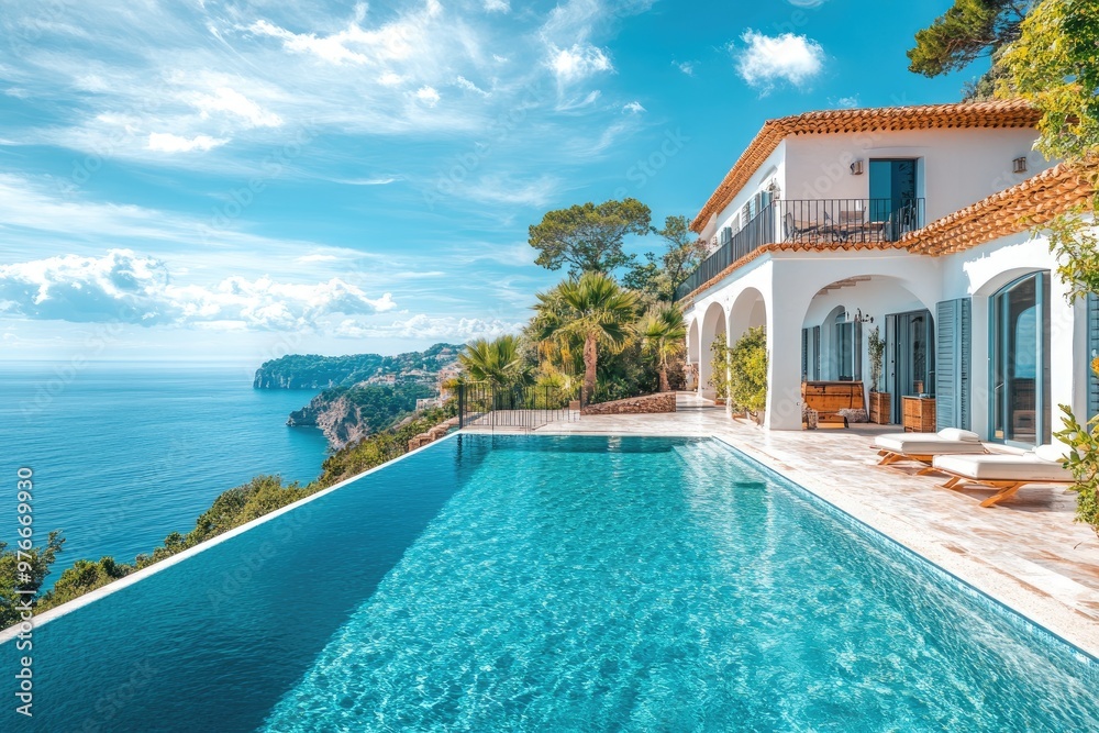 Infinity pool overlooking beautiful mediterranean sea and coastline with stone villa
