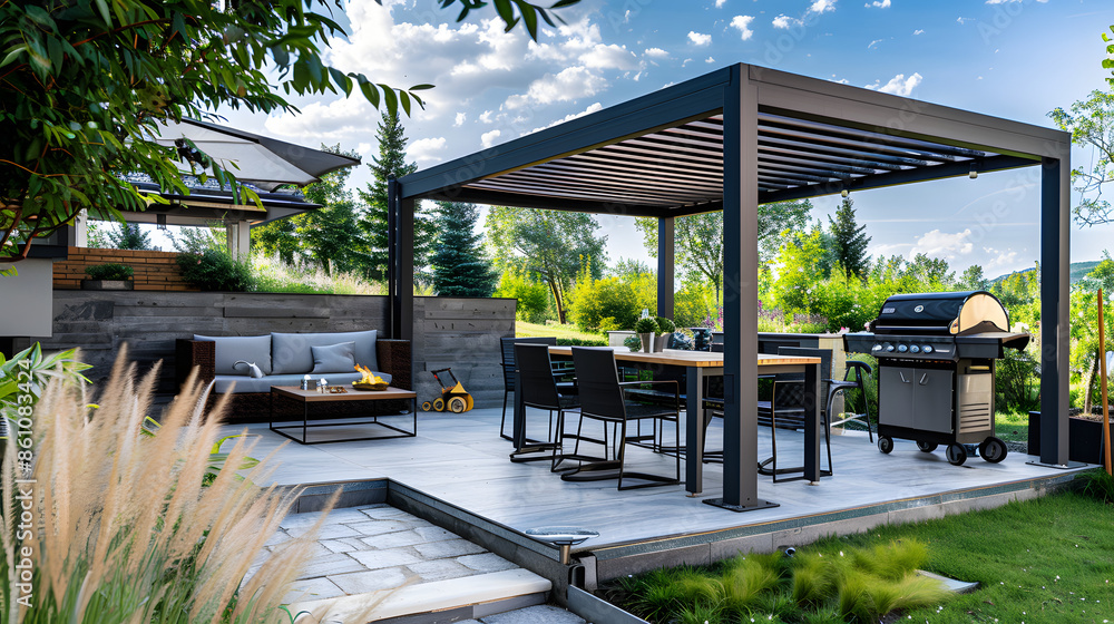 Sleek outdoor setup with pergola 