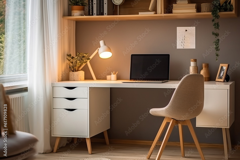 modern home office interior with laptop placed on desk