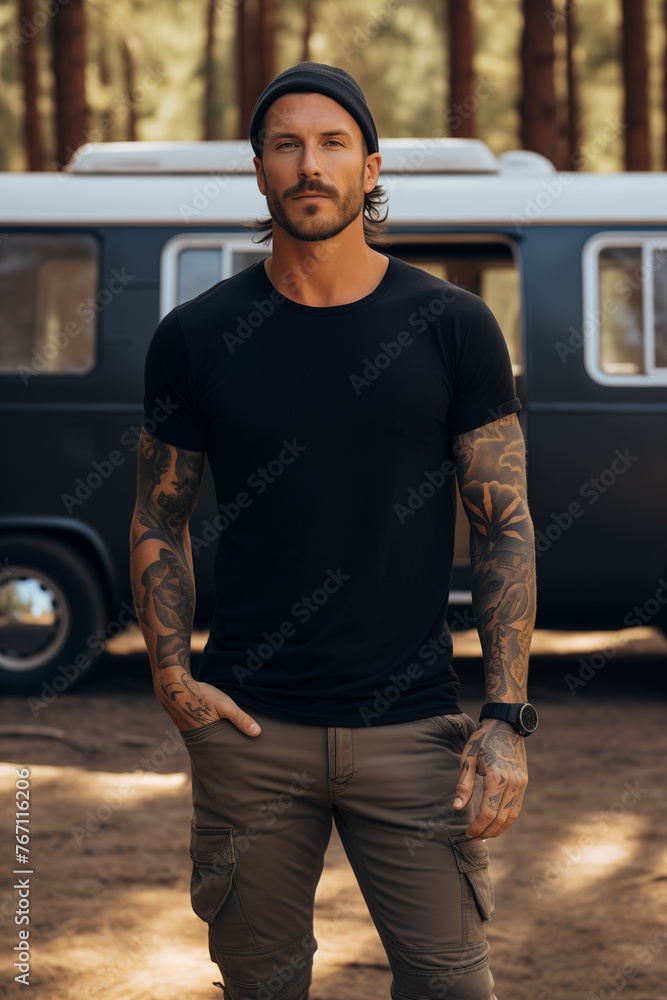 Man with plain blank black canvas t-shirt