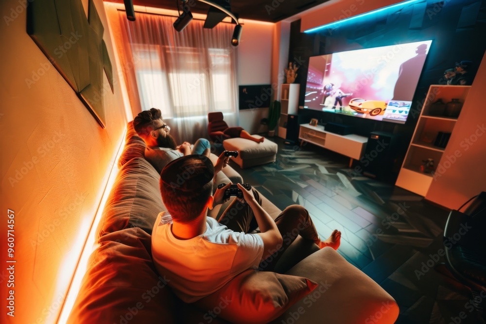 Modern home media room featuring friends gaming together