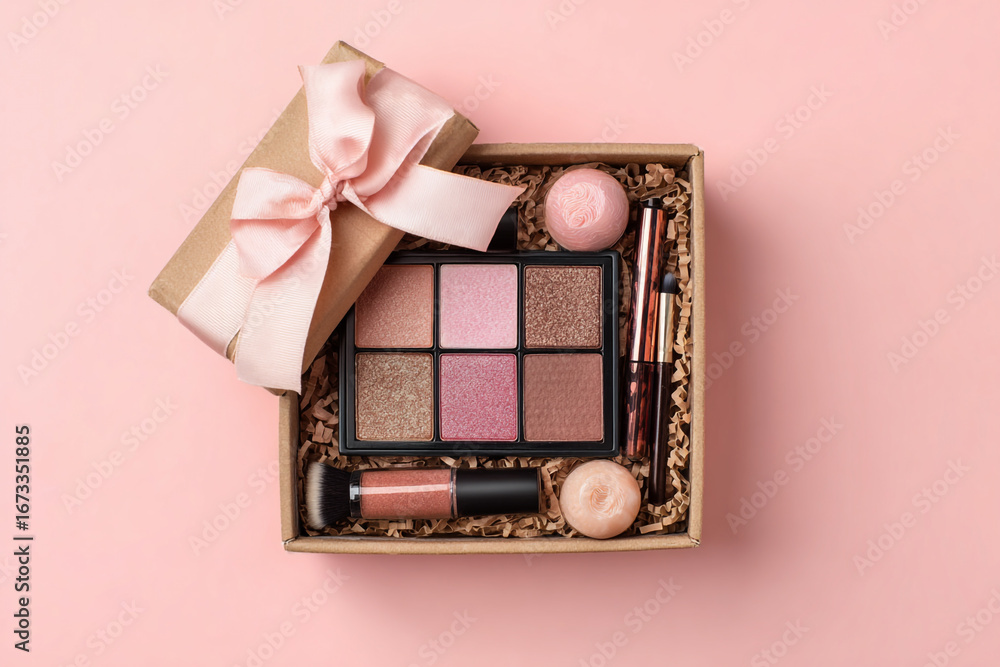 Pink make up gift set in a brown box with a pink ribbon