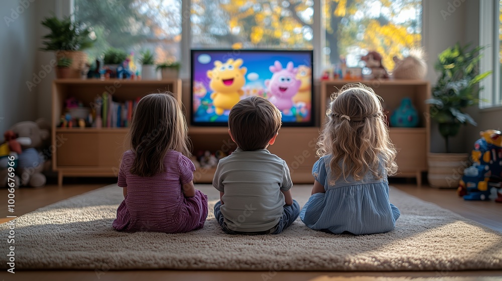 Three young children sitting on living room floor watching television shows like those shown on Disney Plus+ (not an official Disney image)