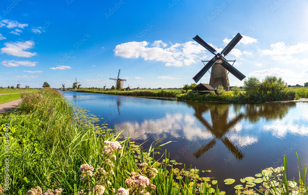 Windmills and canal in Kinderdijk, Netherlands