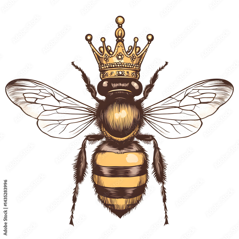 Illustration of a large bee wearing a golden crown with intricate details against a black background. Popular gold bee necklace pendants and  jewellery