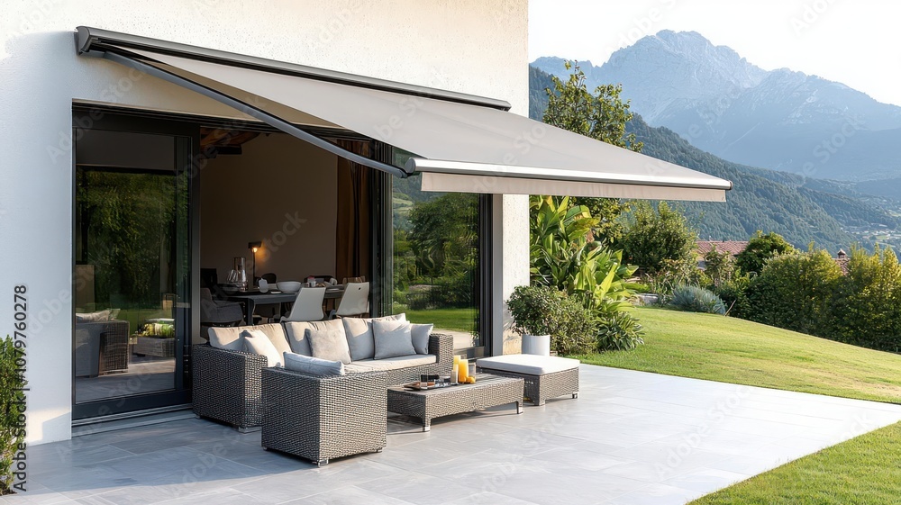 Motorized retractable awning extending over a stylish patio with furniture, 