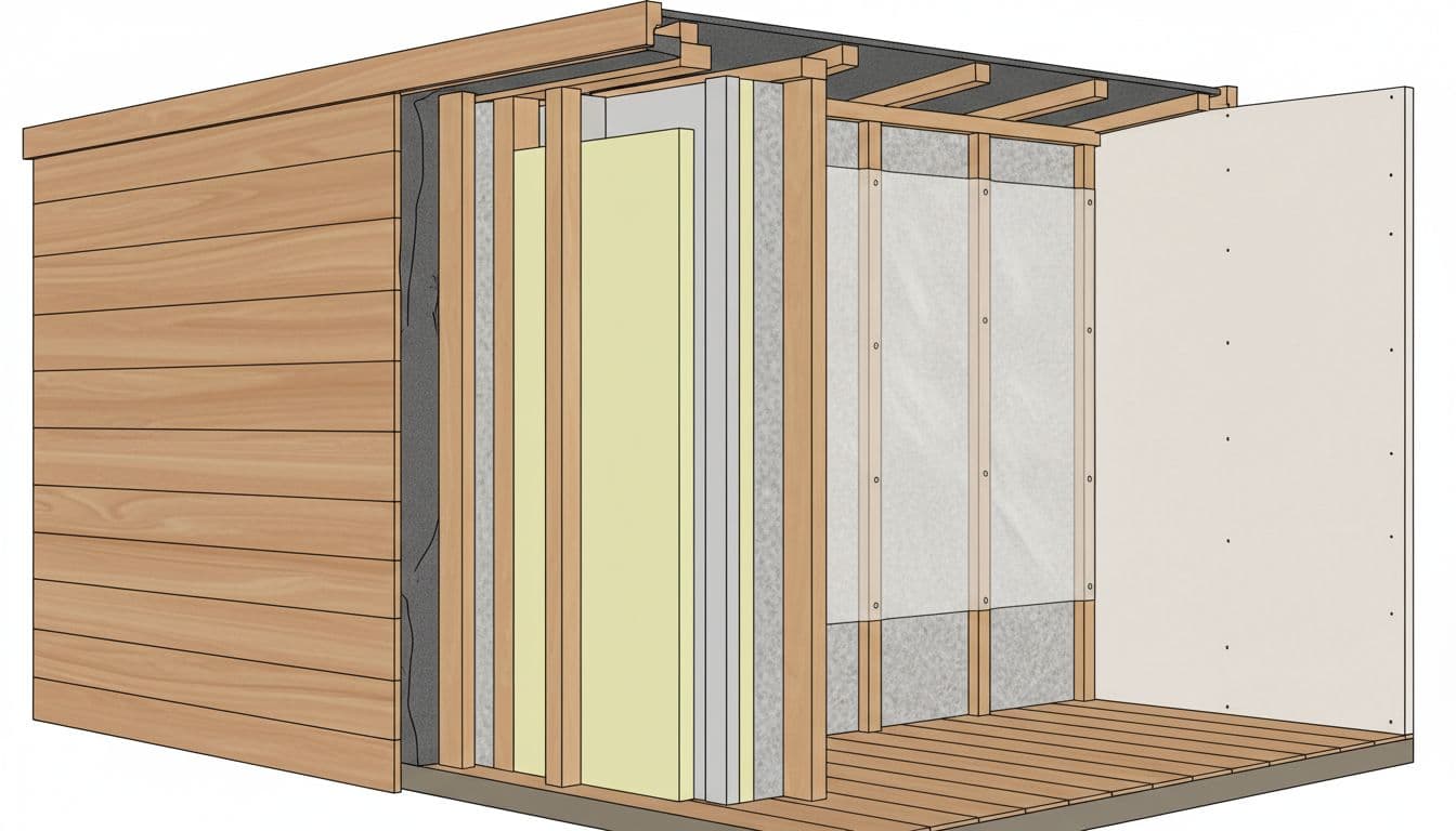 A realistic 3D cutaway cross-section of an insulated garden office wall, revealing layers from weatherproof timber cladding and breathable membrane to PIR insulation, mineral wool, vapour barrier, and plasterboard lining. Includes partial floor and roof sections, emphasizing avoidance of thermal bridges around studs in a clean technical style.