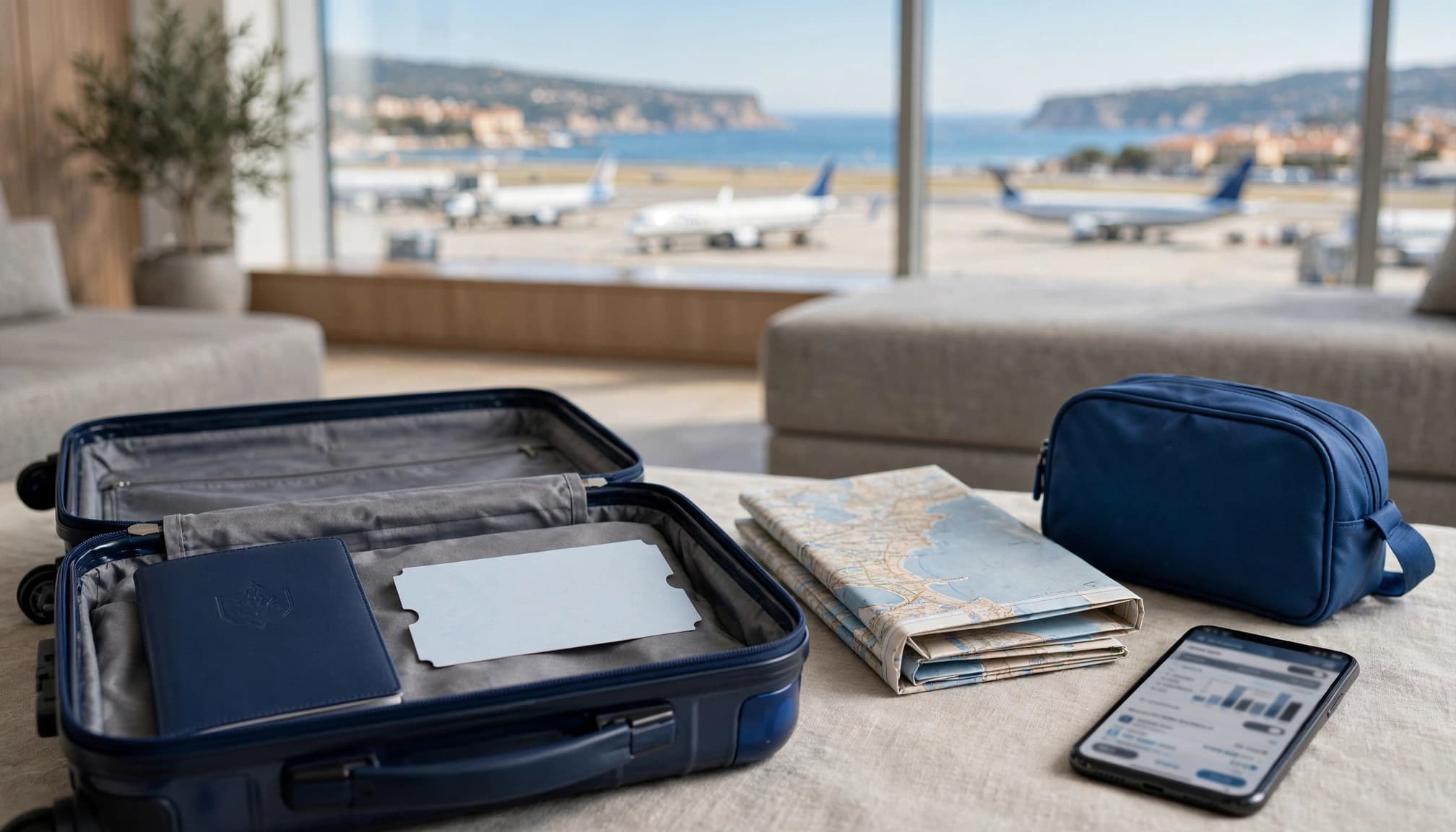 Open suitcase with travel documents, a map, cabin bag, and phone in an airport lounge.