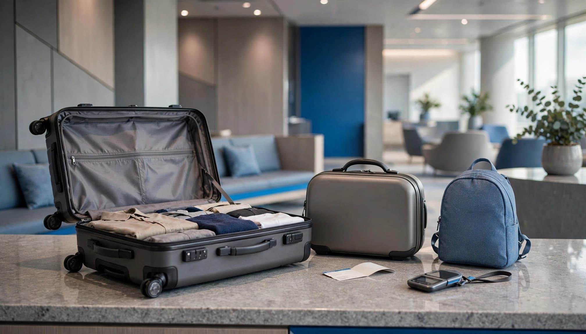Three luggage sizes with a boarding pass and scale in a stylish airport lounge.