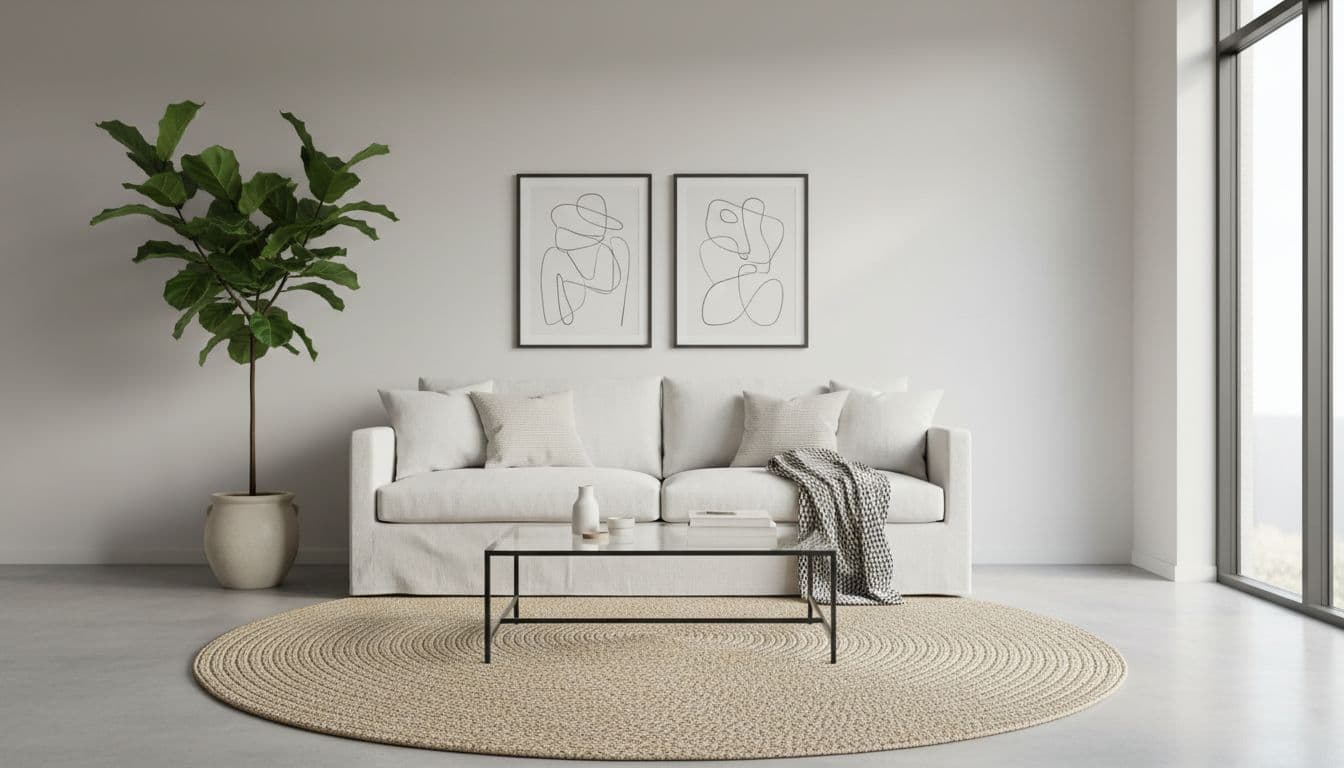 Airy minimalist living room with soft off-white walls and simple decor