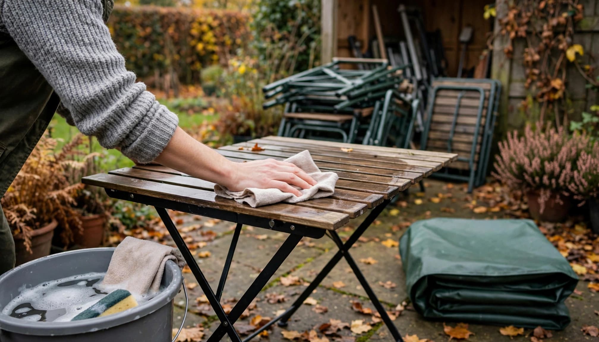 A person cleans an outdoor table beside a bucket, cover, and stored folding chairs.