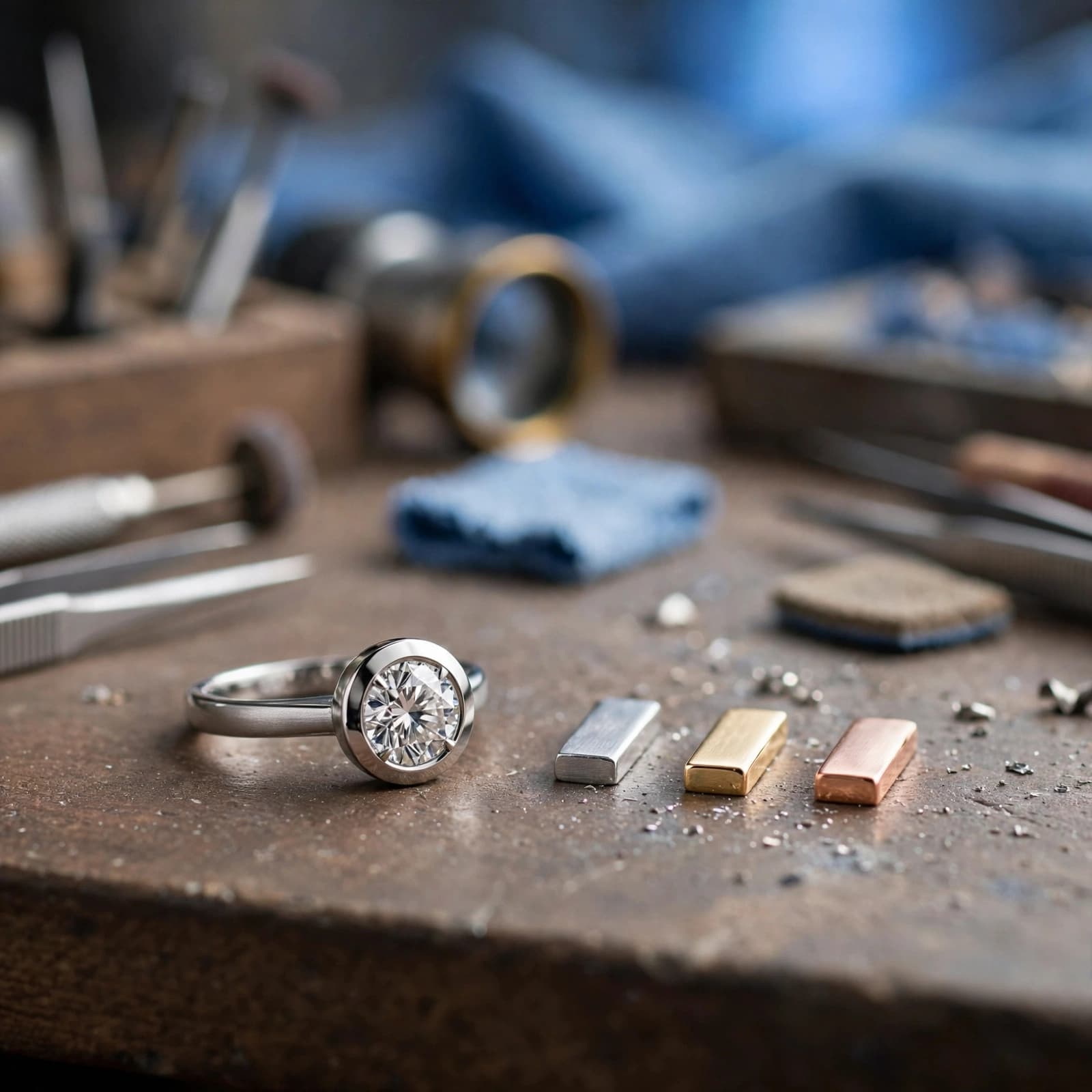 Engagement Rings for Women: A UK Buyer's Guide 3 A bezel-set engagement ring beside samples of platinum, yellow gold, and rose gold.