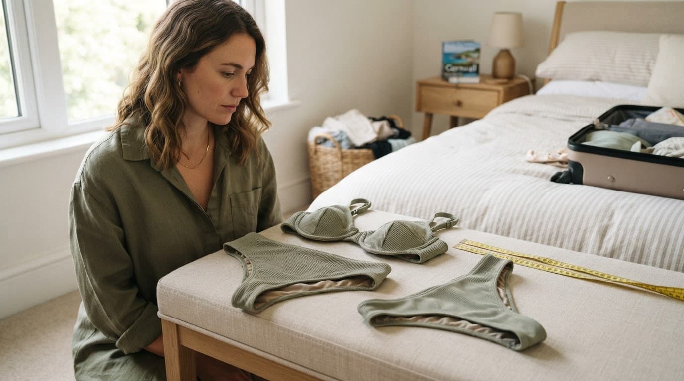 Thong Bikini Buyers Guide: Fit, Fabric and Value 2 Woman comparing folded bikini pieces with a measuring tape on a bedroom bench.