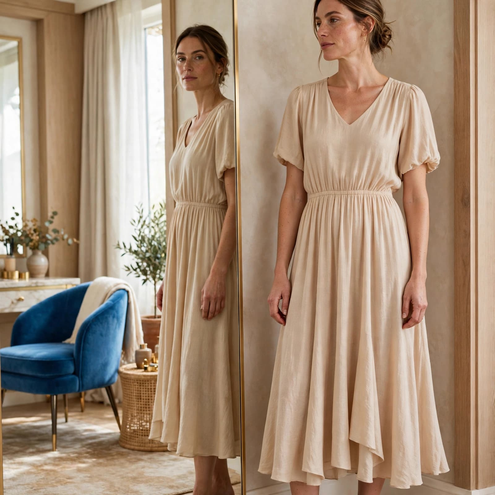 A woman models a flowing midi dress beside a mirror and blue chair.