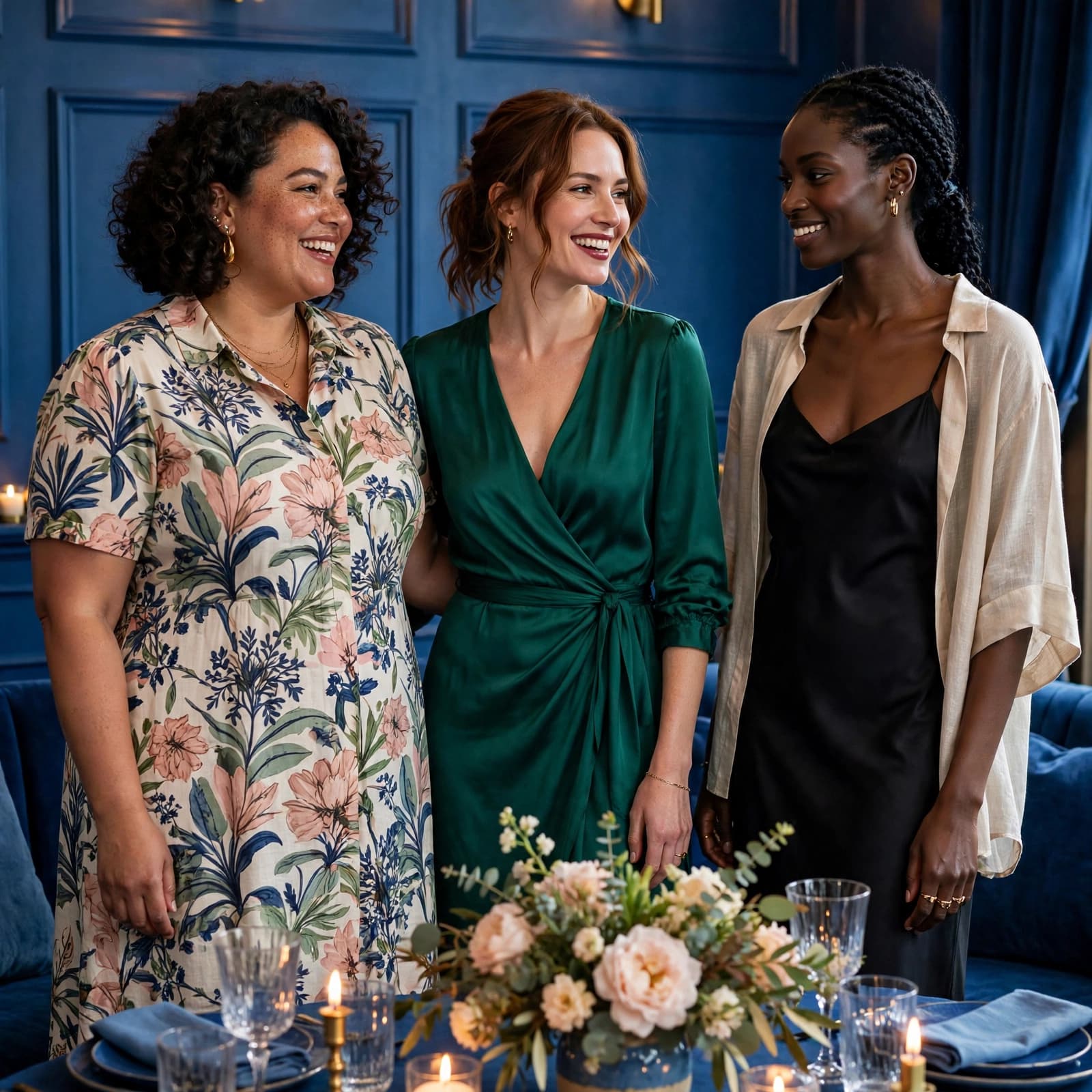 Three women wear different birthday dresses in a candlelit dining room with flowers and blue accents.
