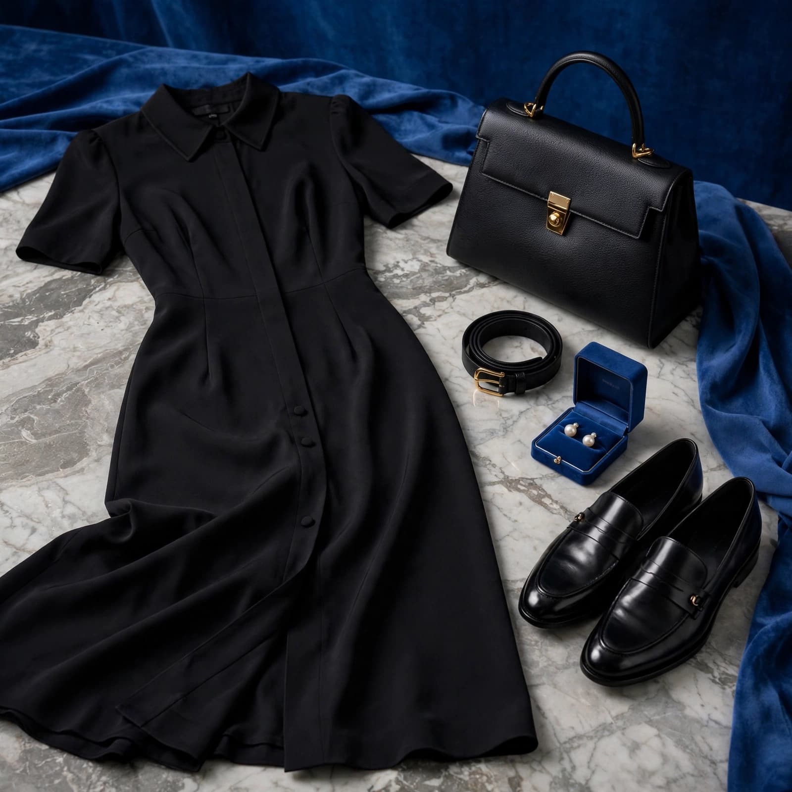Black midi dress displayed with a handbag, pearls, belt, and polished shoes.