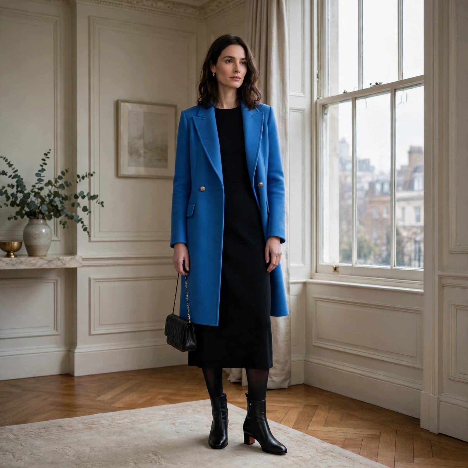 A woman wears a black dress, blue coat, tights, and ankle boots beside a tall window.