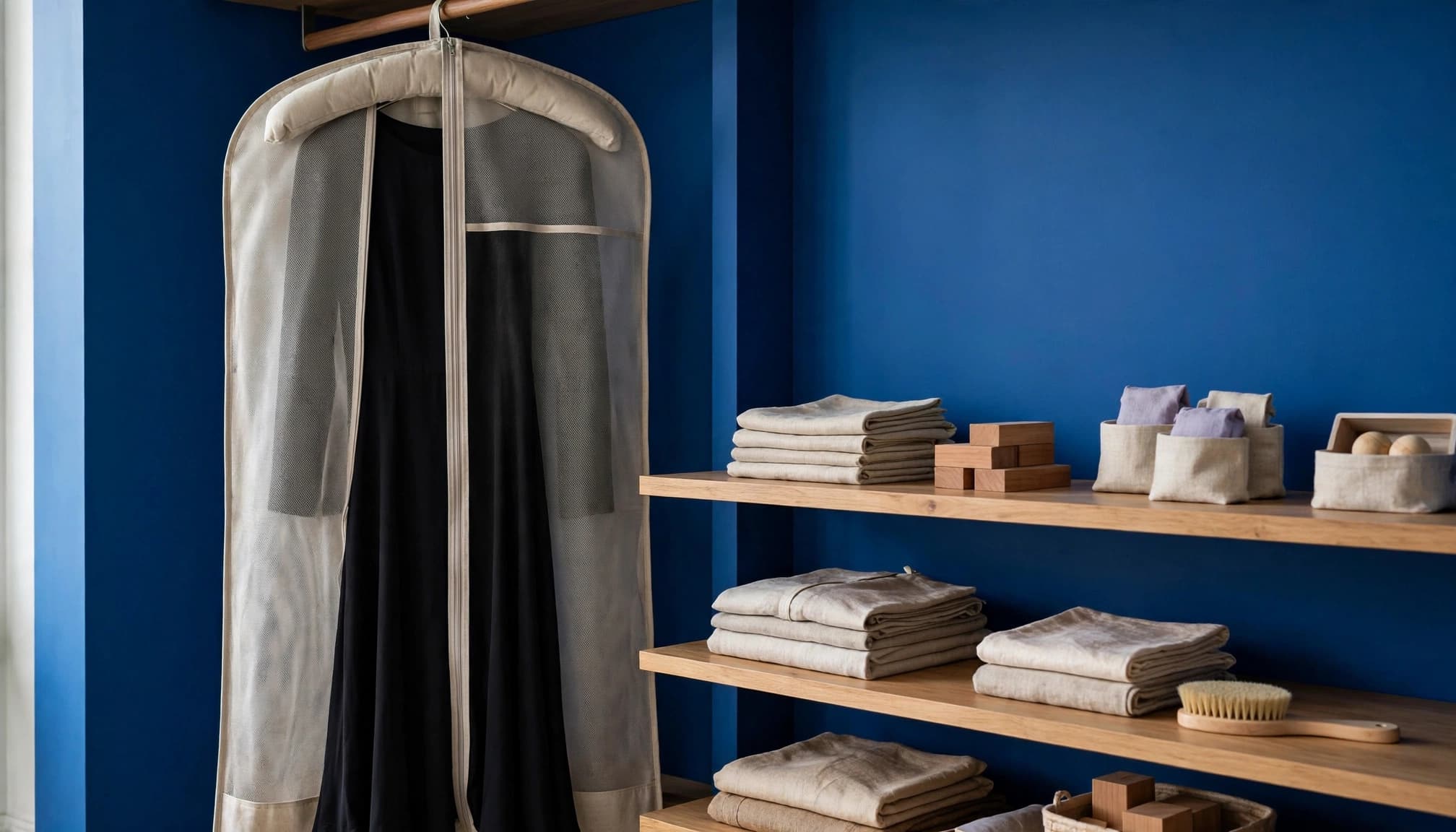 A black dress in a garment bag hangs beside care items on clean shelves.