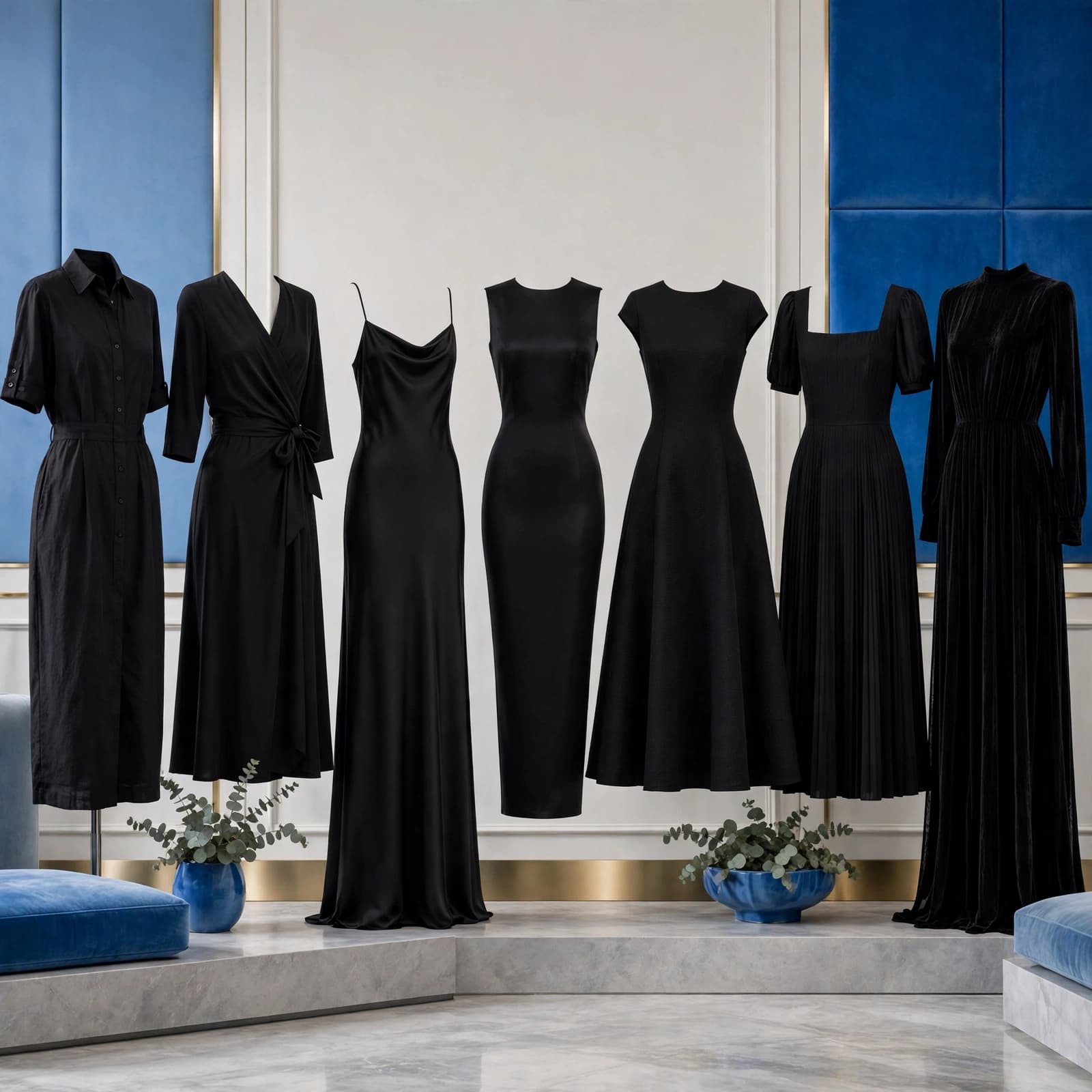 Seven black dresses on dress forms in a showroom with blue accents.