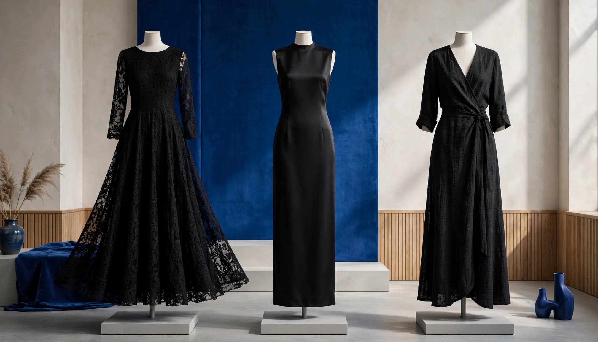 Three mannequins display different long black dresses in a blue-accented studio.