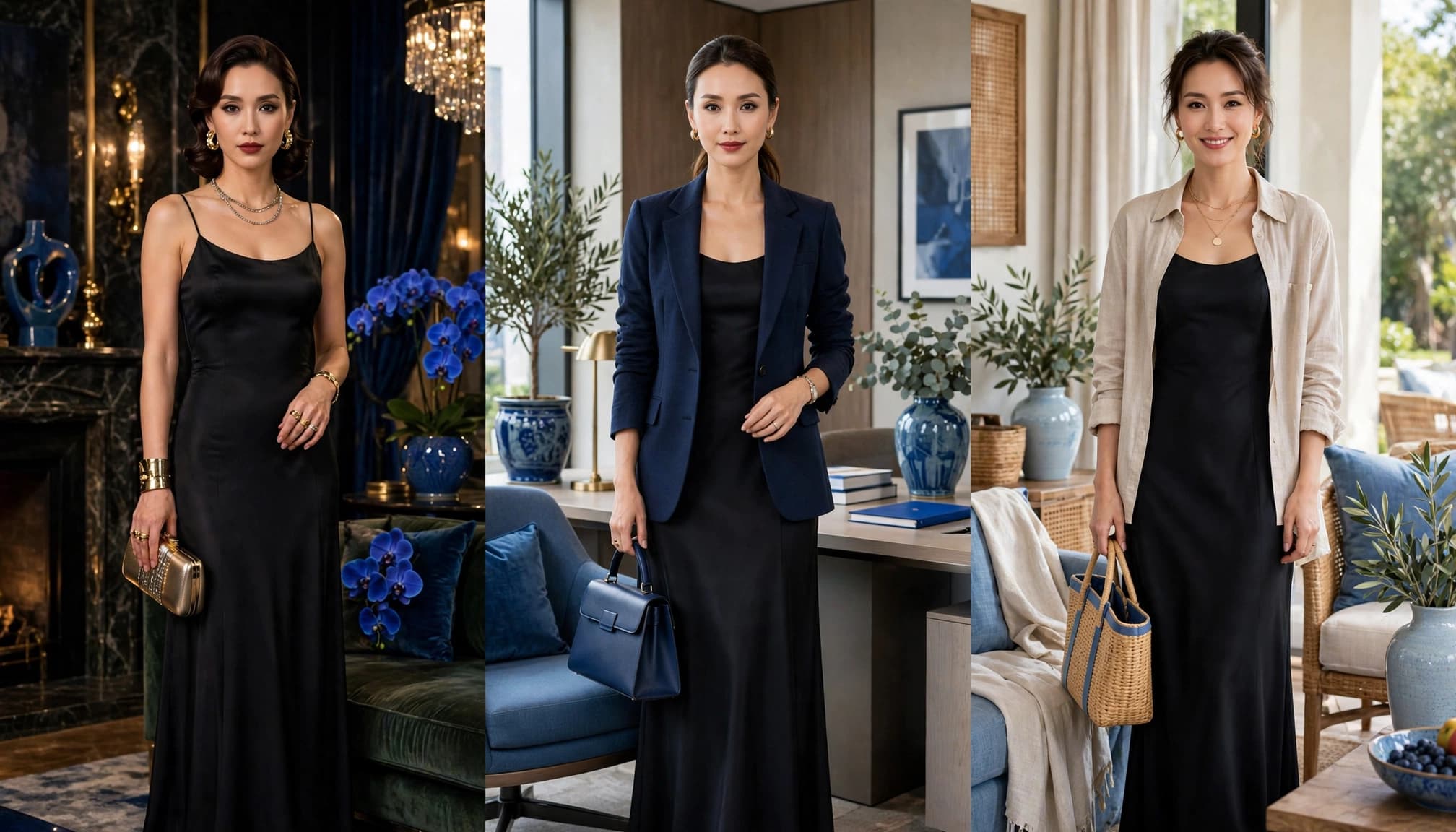 One black dress styled for evening, work, and relaxed daytime occasions.