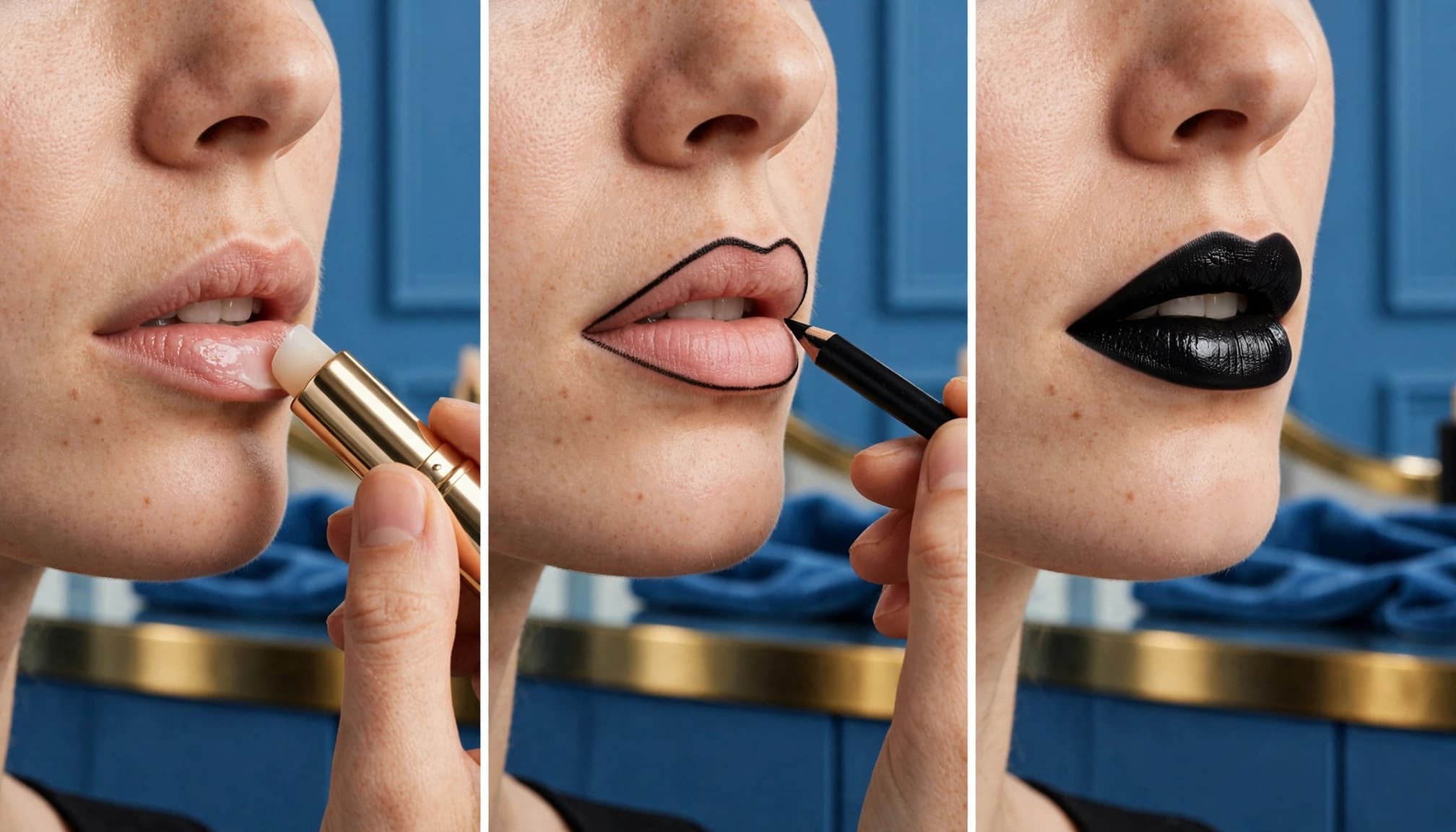 Three panels show lip balm, black lip lining, and finished black lipstick.