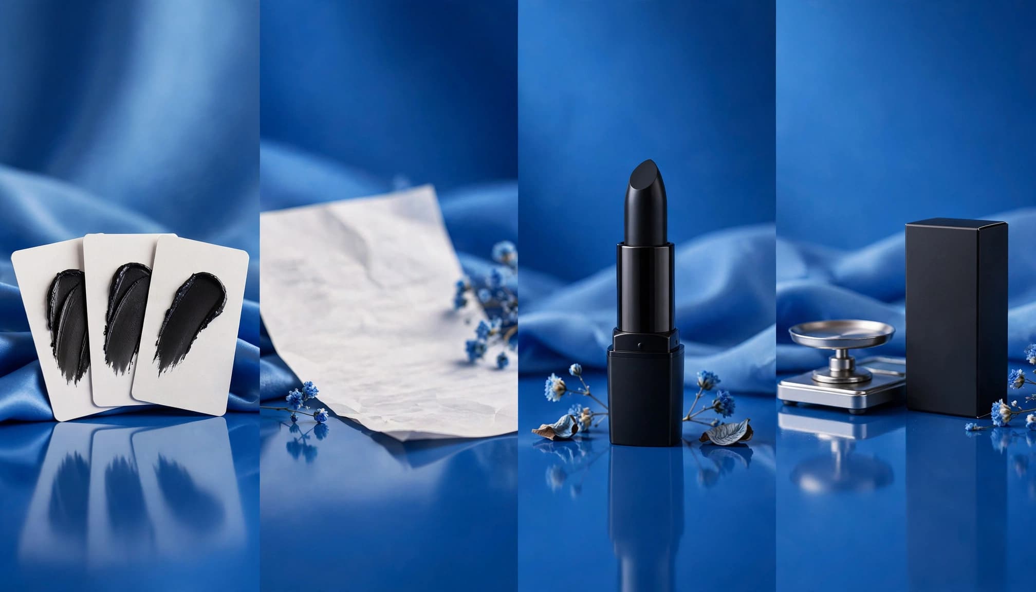 Four-part black lipstick display with swatches, blurred ingredients, a lipstick bullet, scale, and packaging.