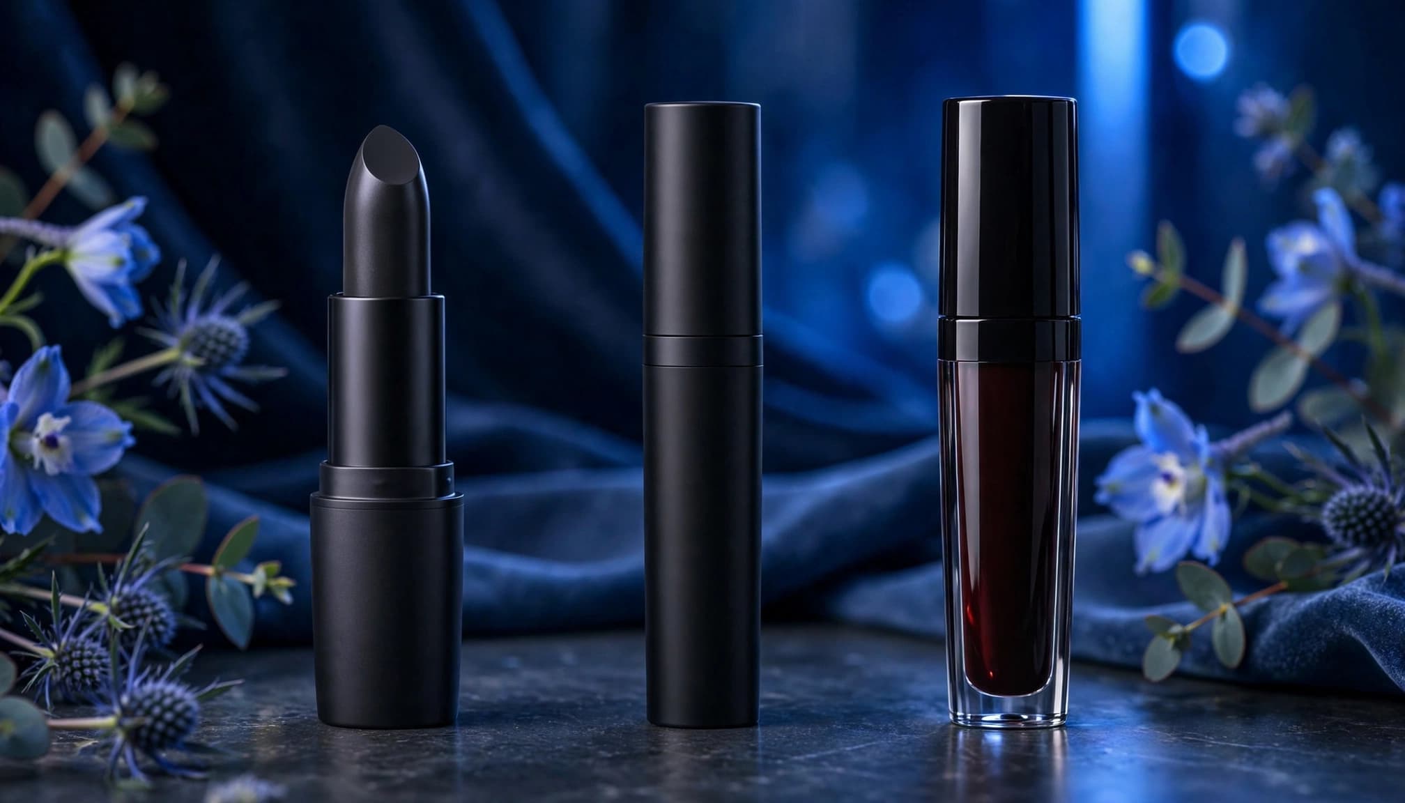 Three black lip products show satin, matte, and glossy finishes on a blue-accented dressing table.