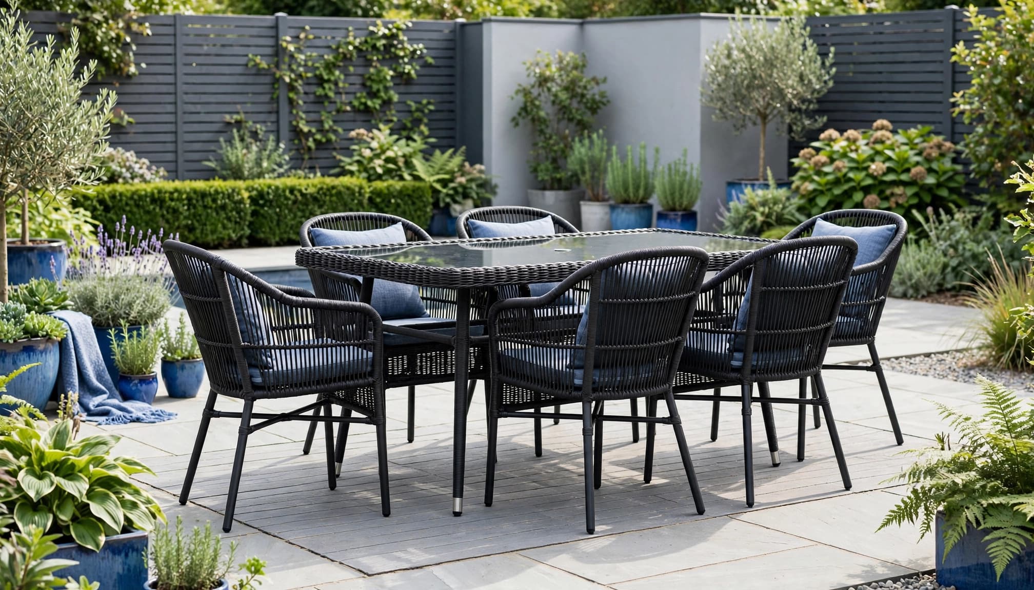 Black rattan dining table and six chairs on a landscaped garden patio.
