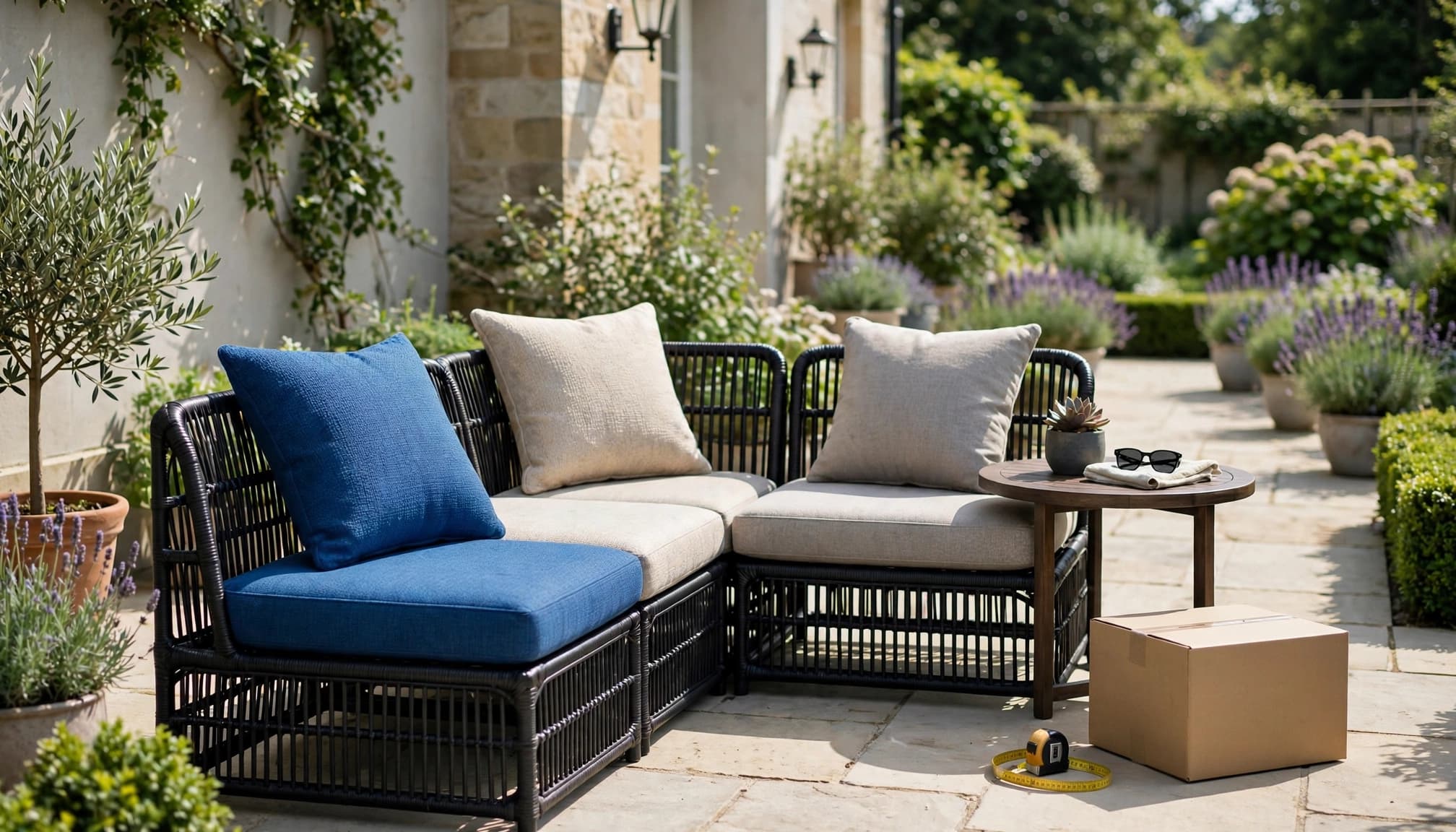 Black rattan corner sofa with blue cushions, table, measuring tape, and box on a garden terrace.