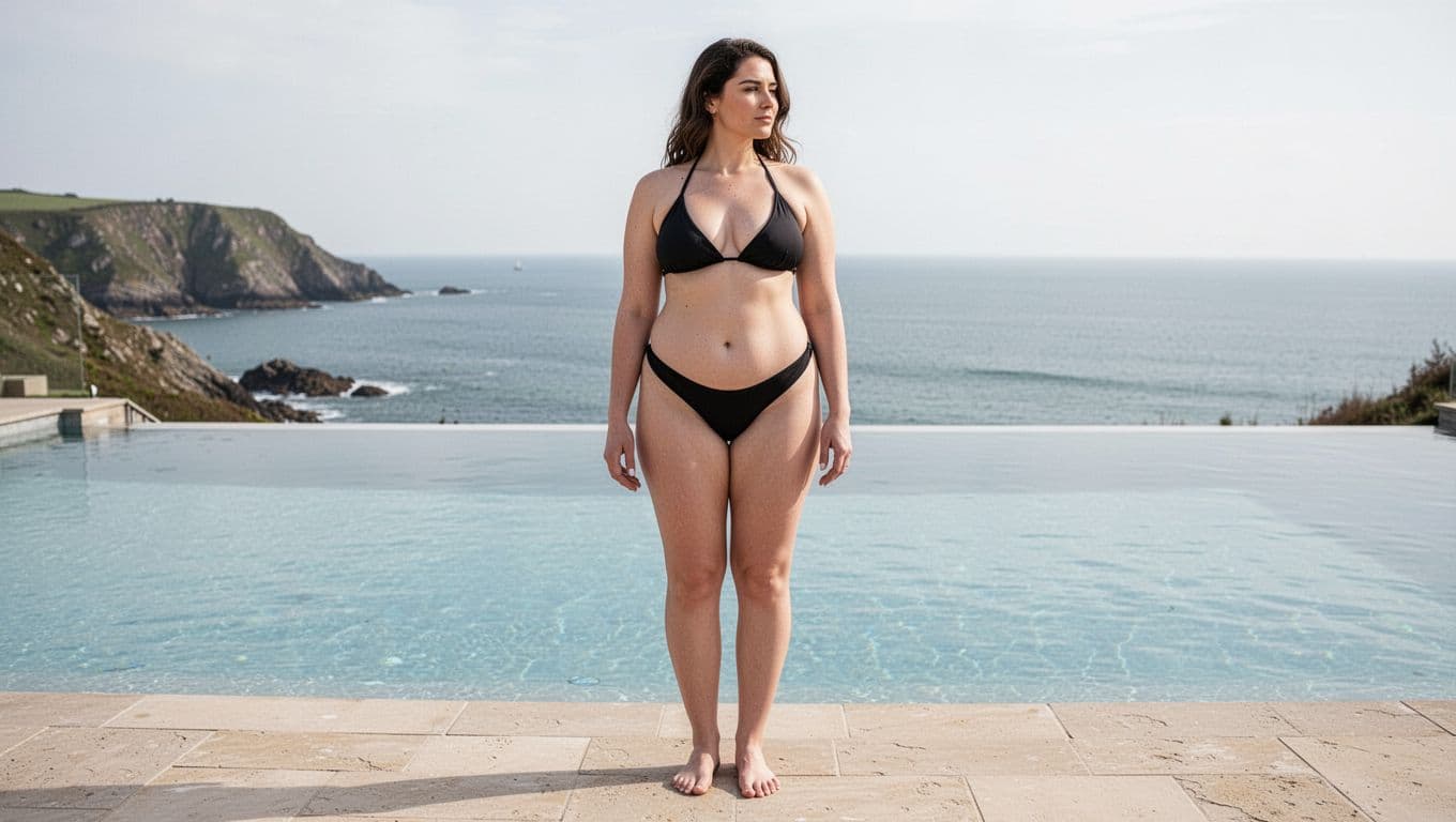 Thong Bikini Buyers Guide: Fit, Fabric and Value 1 Woman modeling a black thong bikini beside a calm pool.