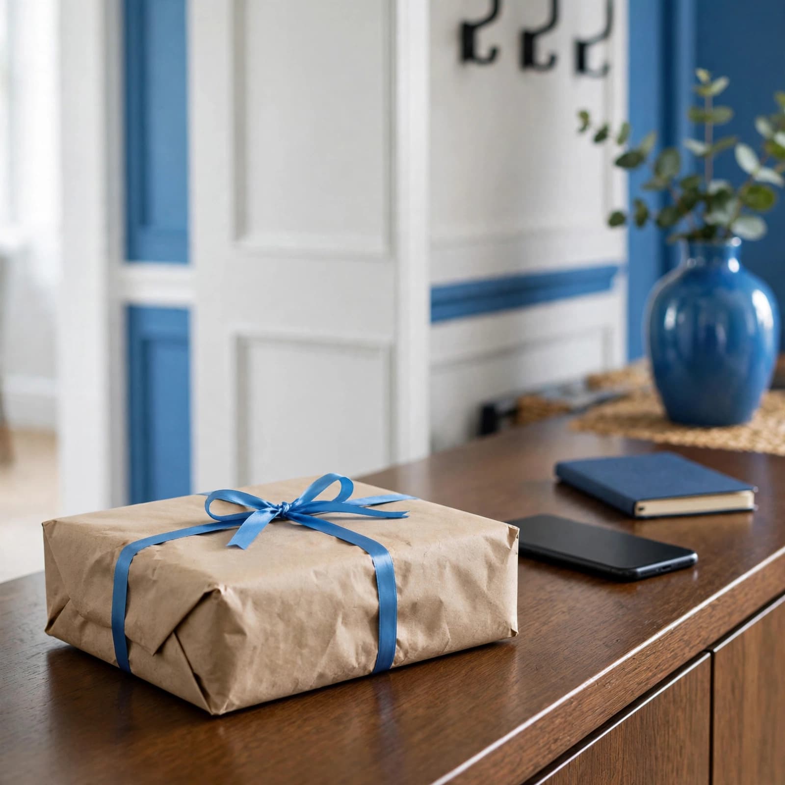 A ribbon-wrapped gift parcel sits beside a phone and notebook on a hallway console.