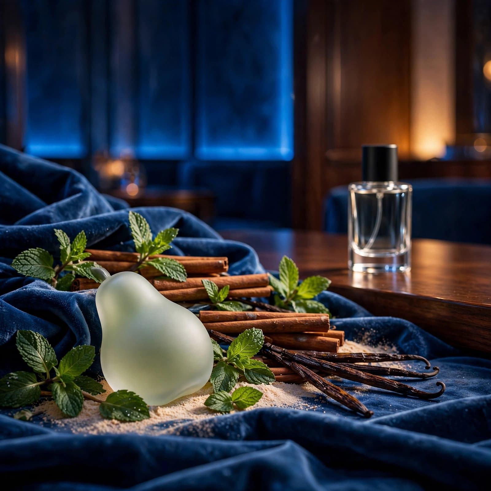 Jean Paul Gaultier Ultra Male Review: Bold, Sweet and Built for Evenings 2 A fragrance bottle beside velvet and abstract scent-inspired forms in blue and amber light.