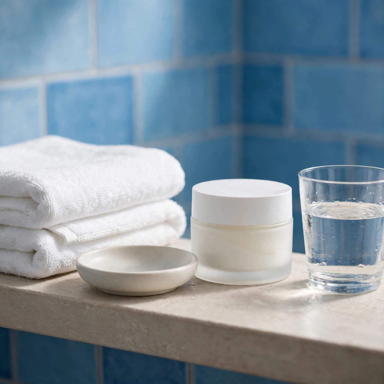 A moisturiser jar, folded white towel, ceramic dish, and water glass on a bathroom shelf.