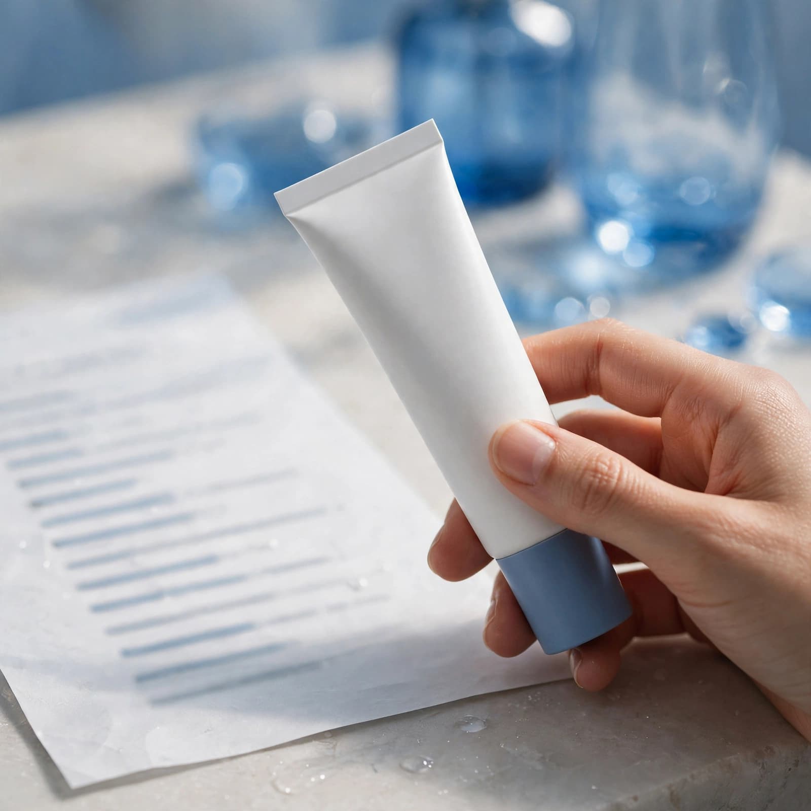 Best Creams for Eczema: A UK Buyer's Guide 2 A hand holds a skincare tube beside blurred ingredient lines on a blue bathroom vanity.