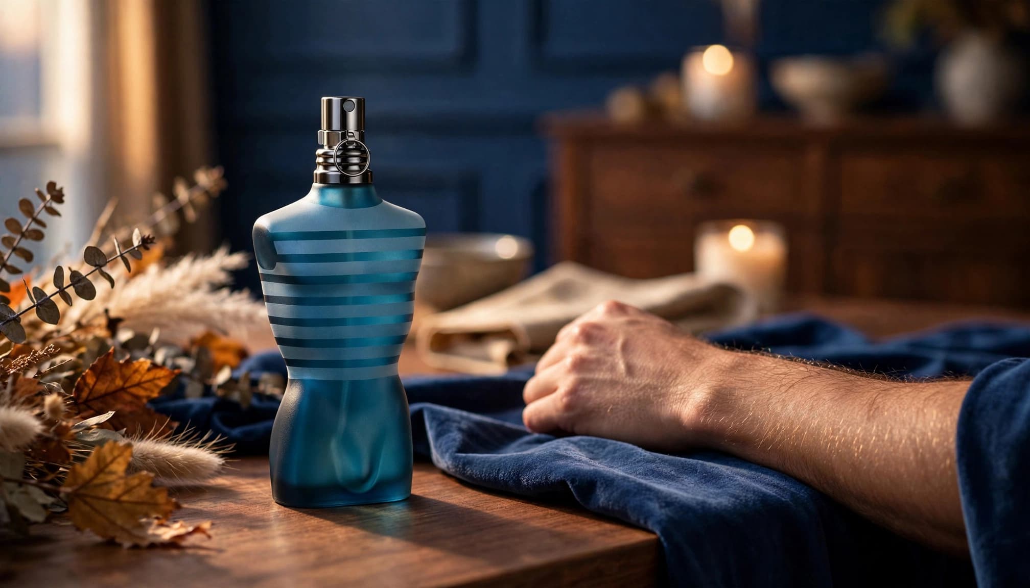 A blue fragrance bottle beside a person's wrist on a luxury dressing table.