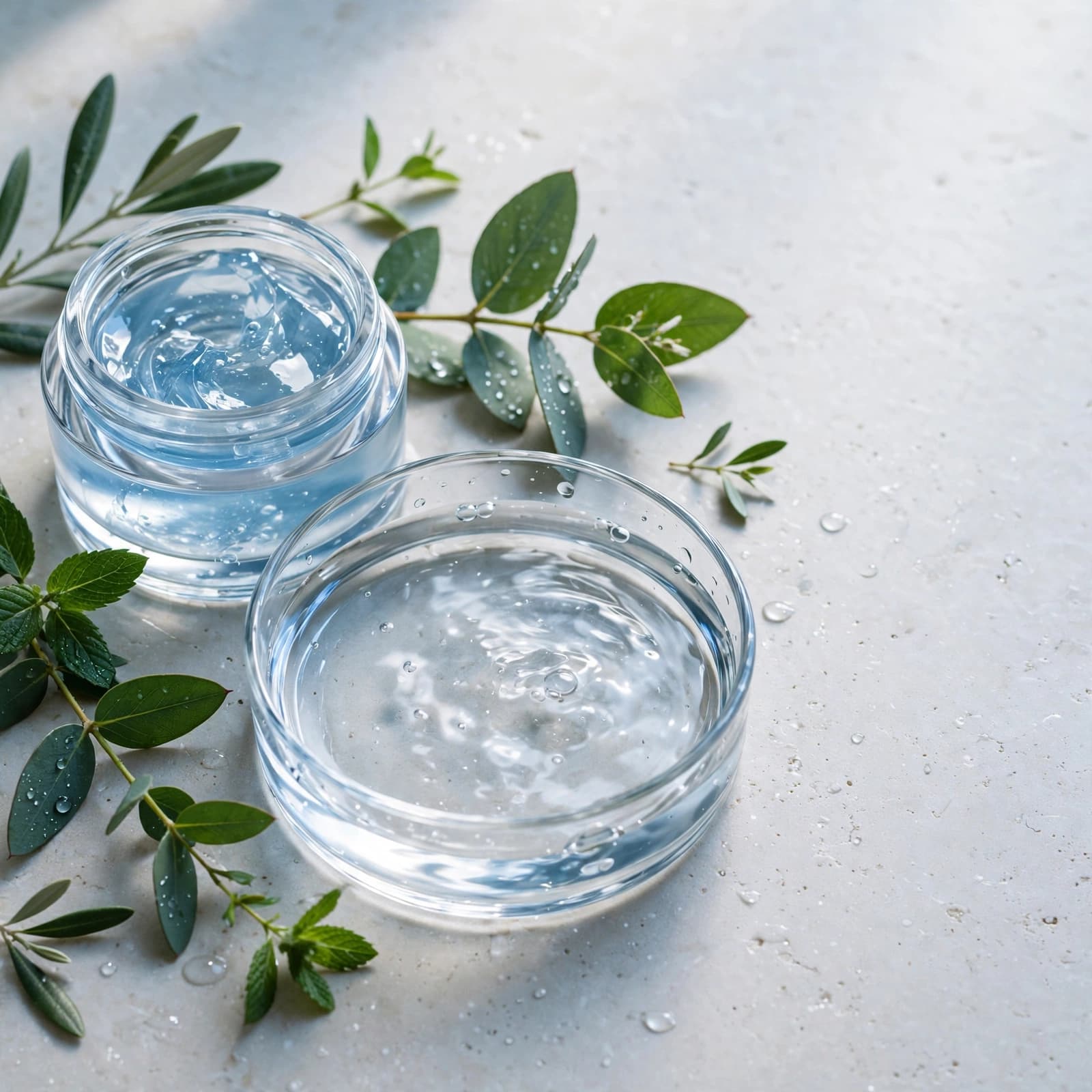 A clear gel moisturizer pot, water dish, and green leaves on a pale stone vanity.