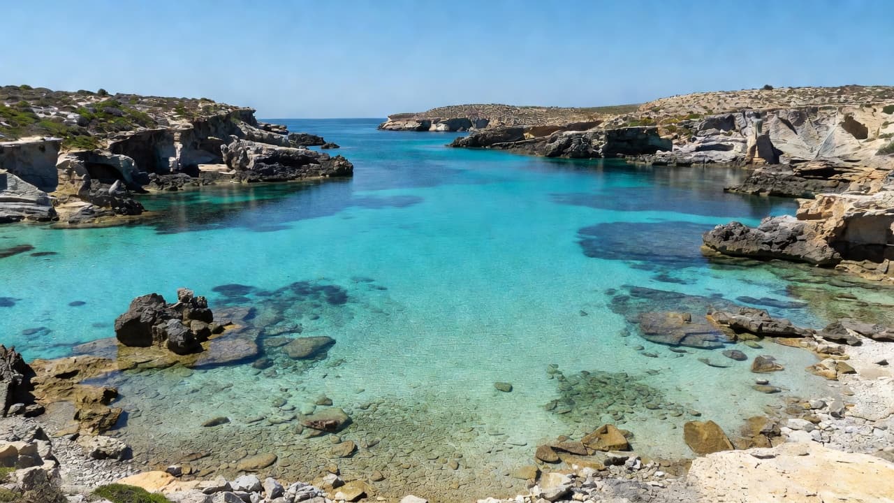 An aerial perspective reveals the translucent turquoise waters of the Blue Lagoon in Malta, surrounded by jagged limestone cliffs. The shallow sea floor is visible beneath the waves under a bright sky.