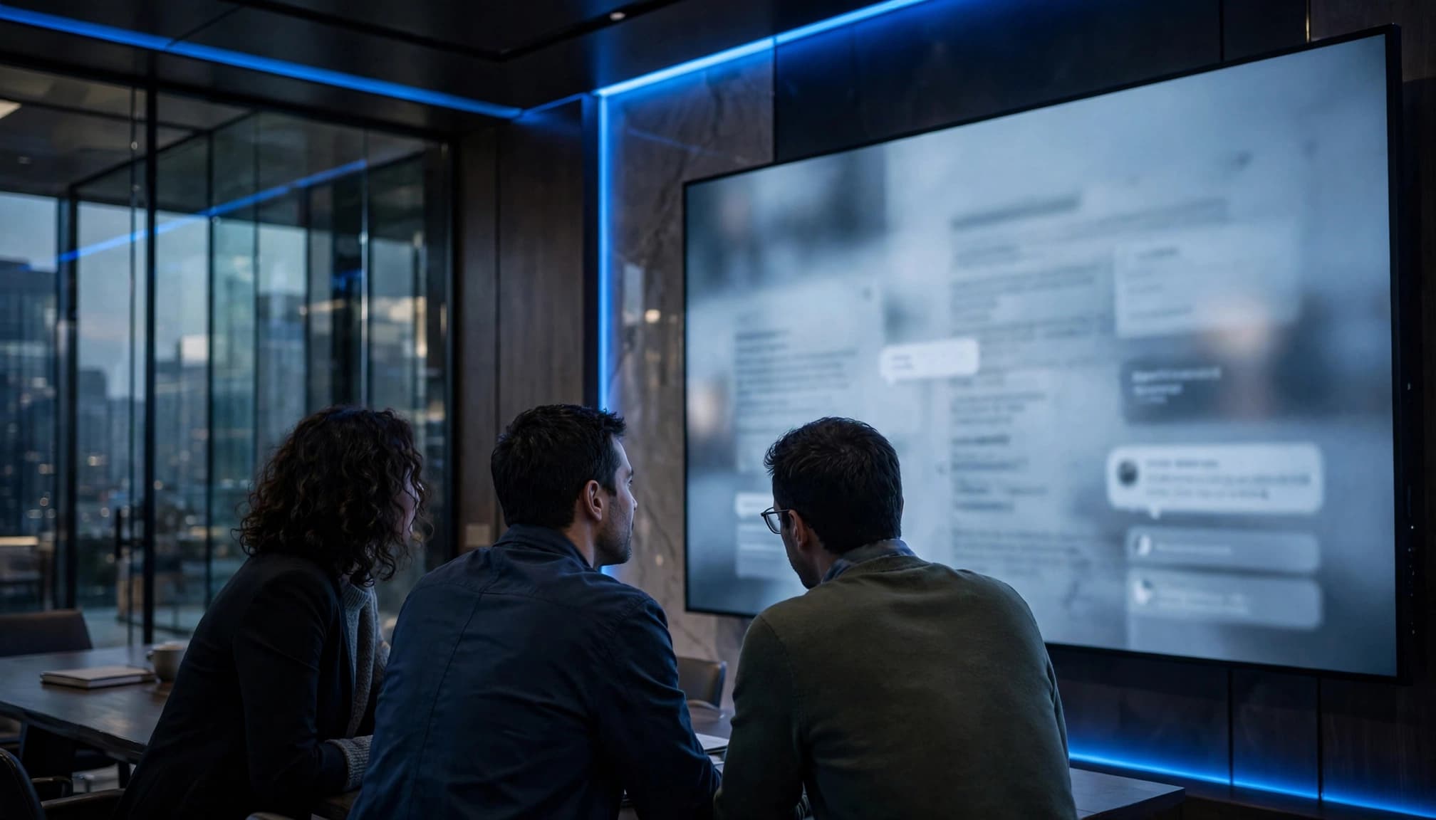 Three colleagues review a shared document on a large screen in a blue-lit glass meeting room.