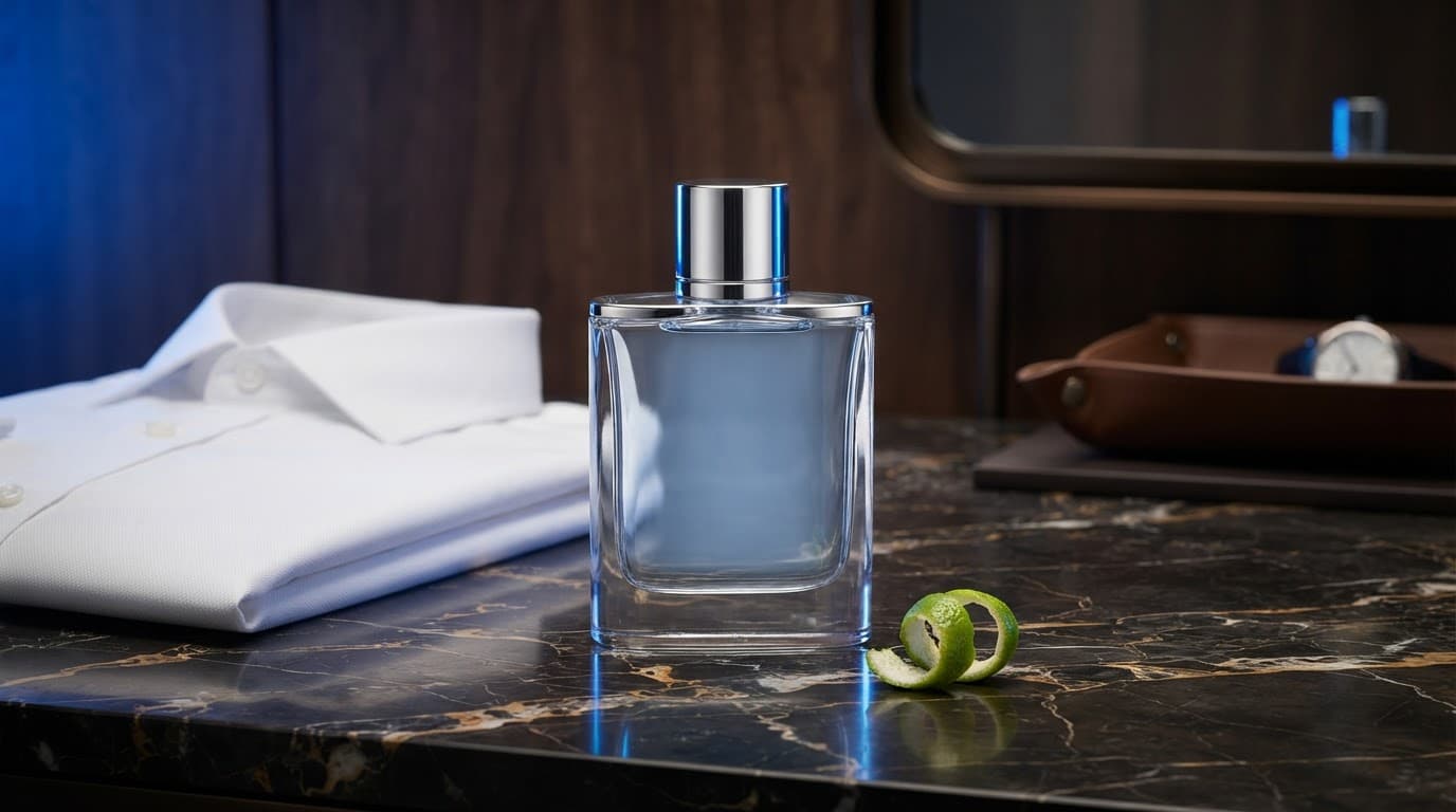A blue fragrance bottle sits beside a folded white shirt and citrus peel.