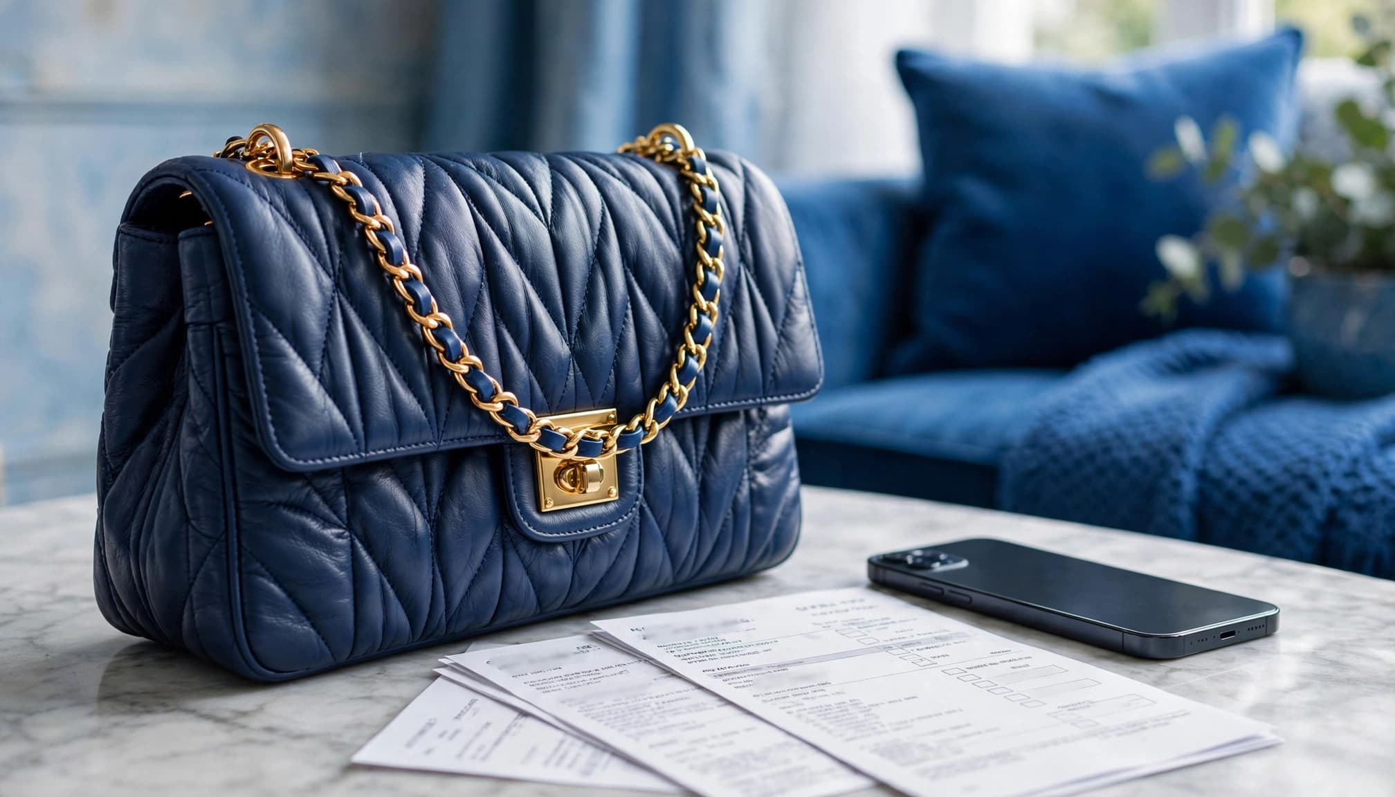 Blue leather handbag beside a smartphone and purchase records on a marble table.