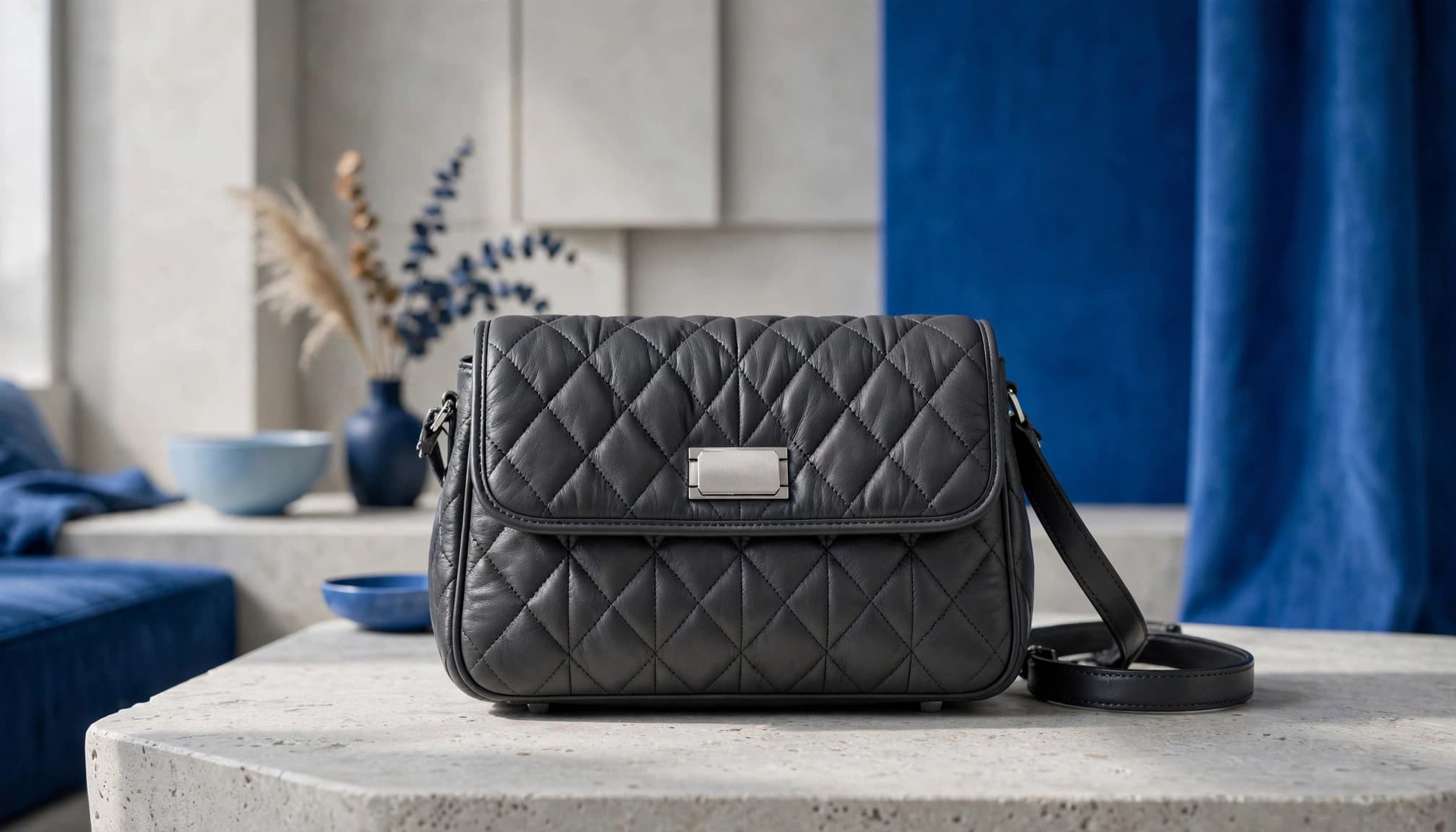 A blue quilted shoulder bag sits on a stone table in a modern interior.