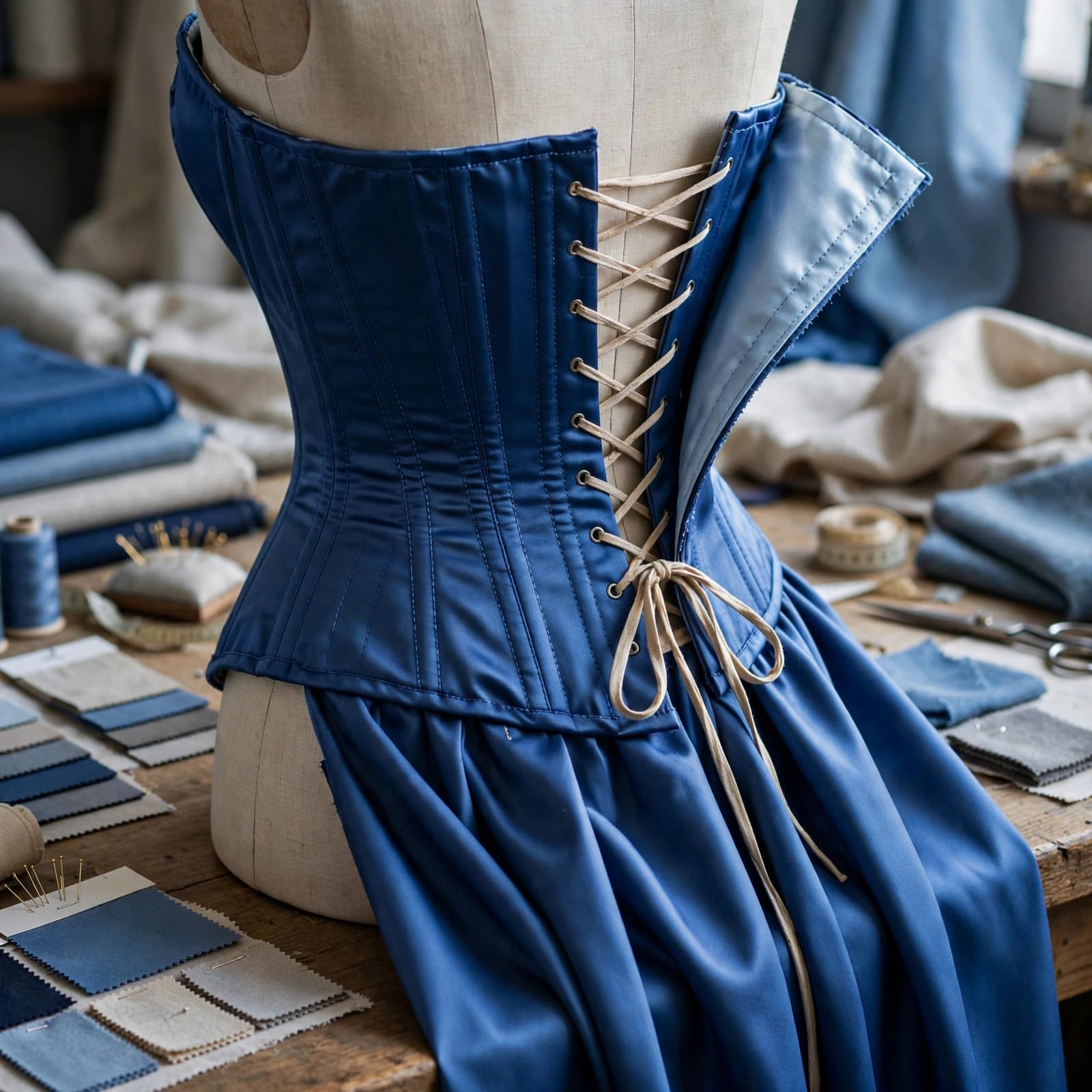 Corset Dress Buying Guide: Fit, Quality and Value 2 A blue corset dress on a mannequin shows its seams, lacing, and draped skirt.