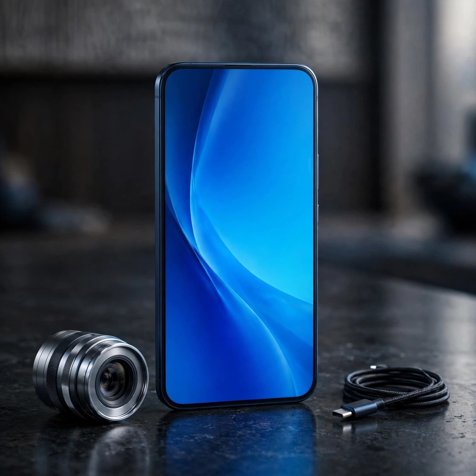 iPhone 18 Pro review: Is it worth £1,818? 5 An upright blue-screen smartphone beside a camera lens and charging cable on dark stone.