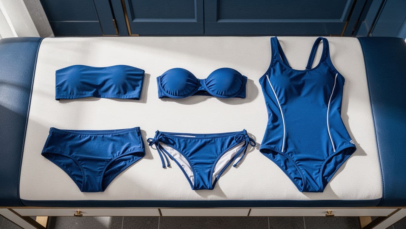 Bandeau Tankini Buying Guide: Fit, Support and Value 2 Three blue swimwear styles arranged on a changing-room bench.