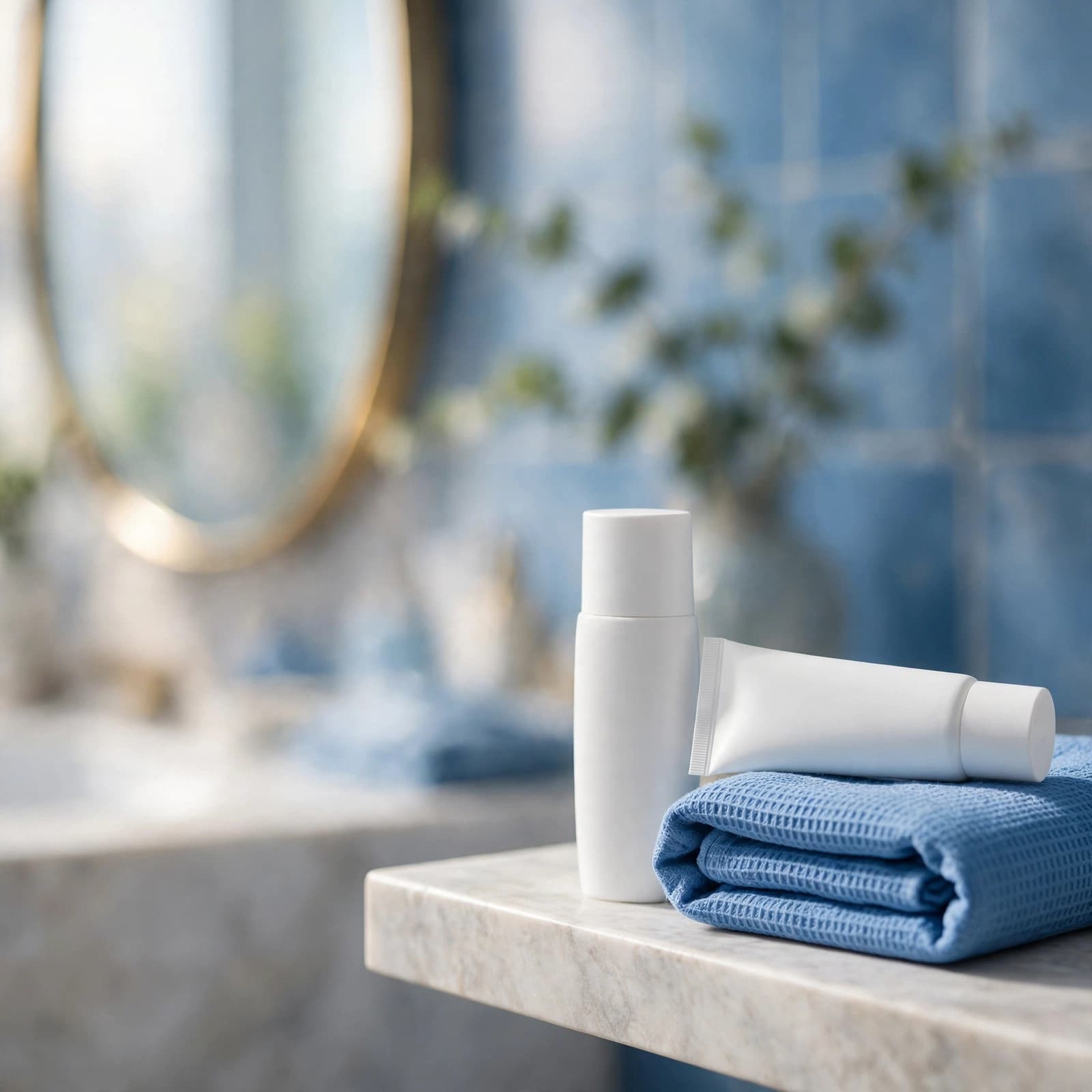 A moisturiser tube, sunscreen bottle, and folded face cloth on a bright bathroom shelf.