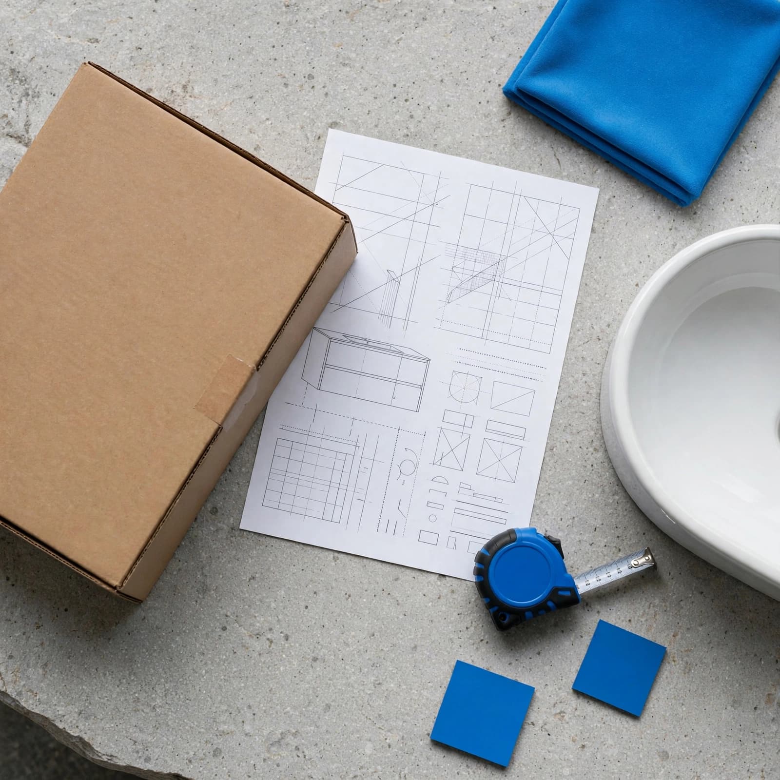 A boxed vanity with a specification sheet, tape measure, and basin sample on a stone surface.