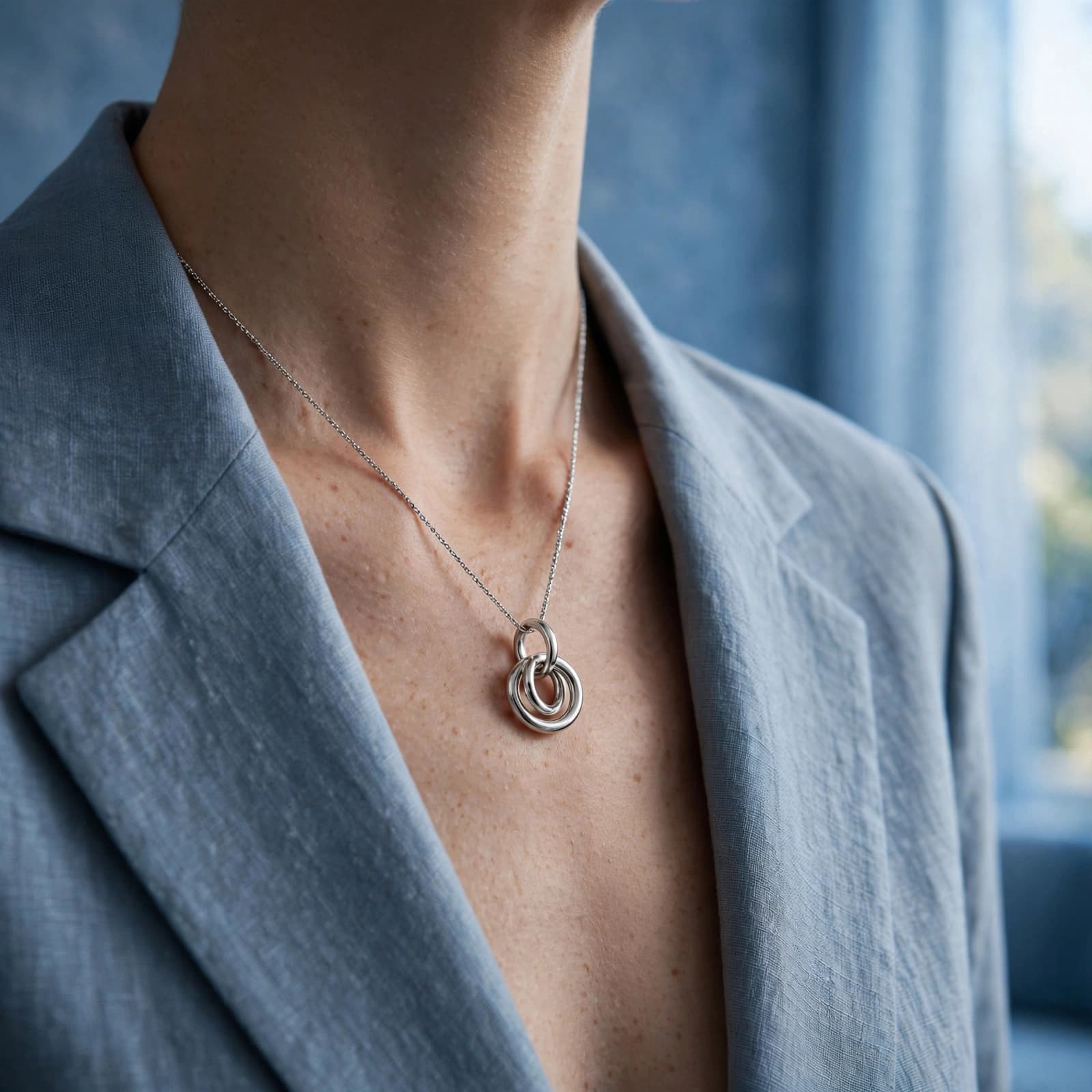 Borromeans Rings Necklace: A UK Buyer's Guide 2 A silver necklace with three linked rings rests at the collarbone against a blue wall.